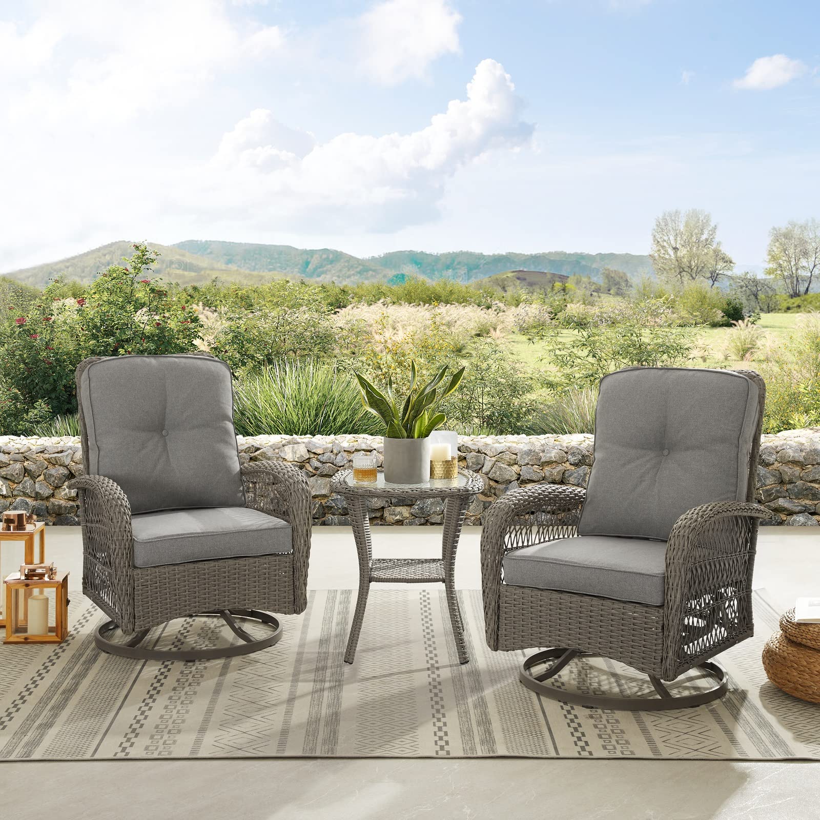 3-Piece Patio Furniture Set - Grey Rattan Outdoor Bistro Set with 2 Wicker Chairs & Table, 3.9