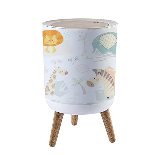 Cute Zoo Animal Print Trash Can with Lid - Lion, Giraffe, Zebra & Elephant Designs - 7L/1.8 Gallon Small Wooden Waste Bin for Kitchen, Bathroom, Bedroom - Press Cover Garbage Can for Home, Office, Nursery Decor