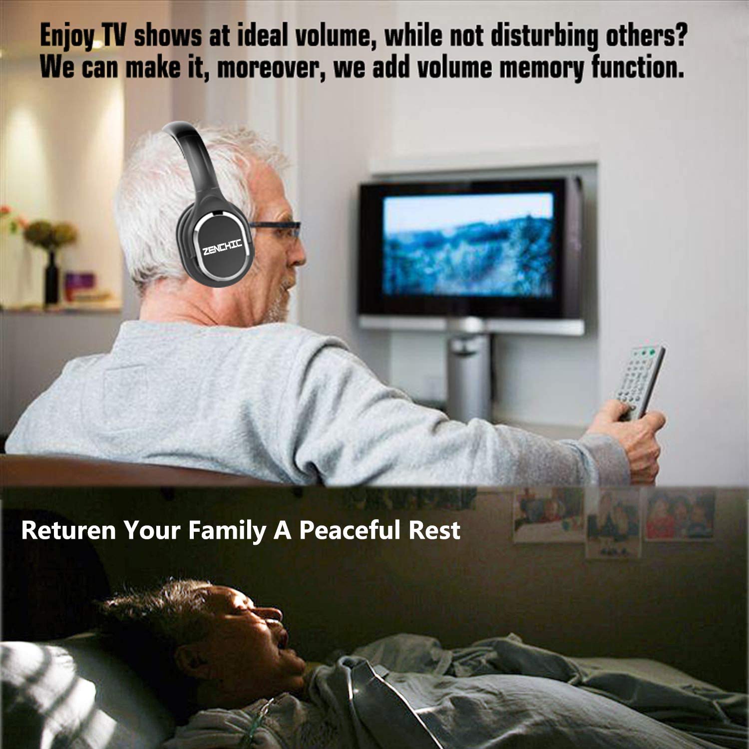ZANCHIE Wireless Over-Ear Headphones for TV with RF Transmitter & Charging Dock - No Audio Delay, 330ft Range, Digital Optical/RCA/AUX Support - Ideal for Seniors & Home Theater (Black)