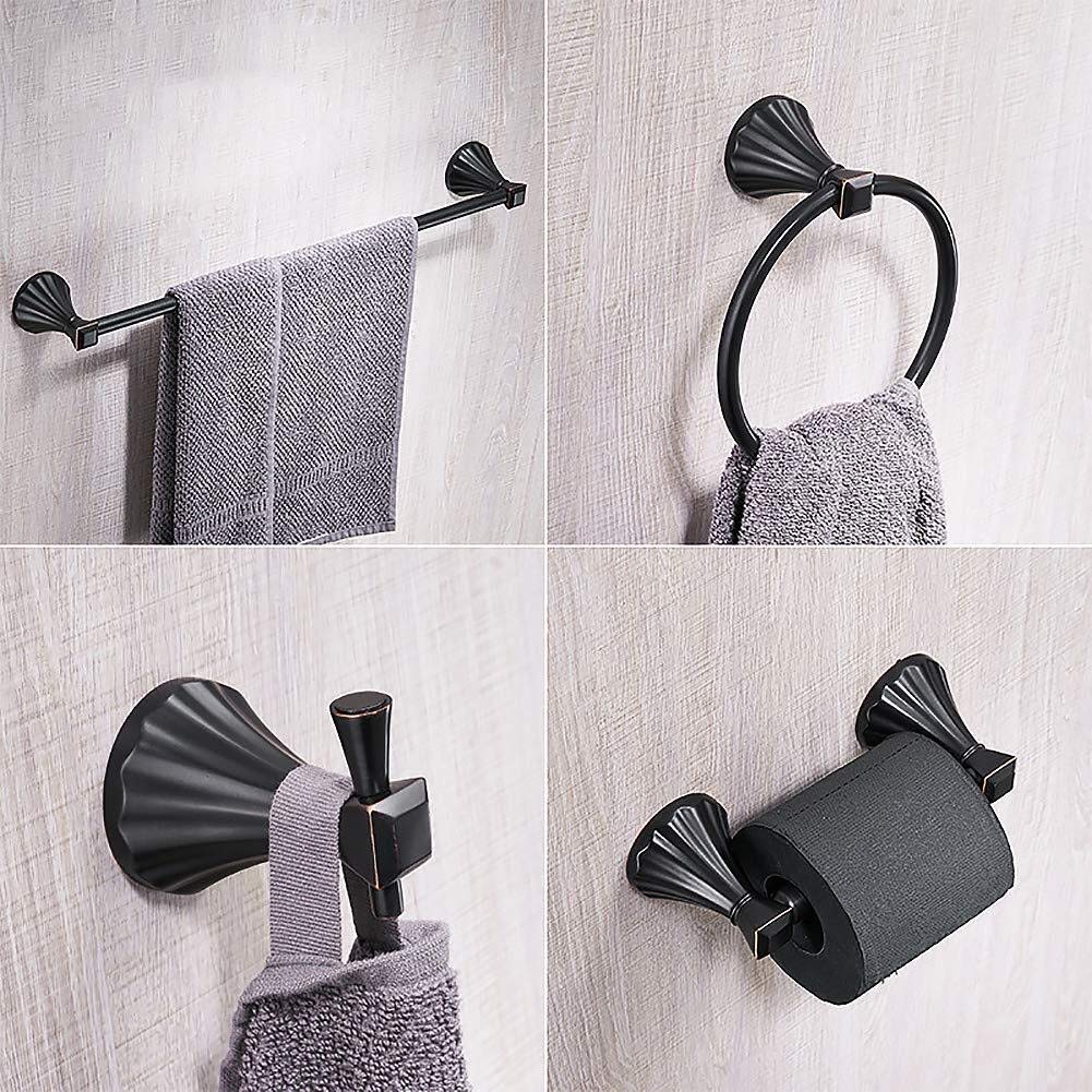 4-Piece Wall Mounted Storage Shelf Set - Multipurpose Towel Bar, Towel Ring, Toilet Paper Holder & Clothes Hook - Space Saving Aluminum Bathroom Organizer in Matte Black - Perfect for Small Bathrooms, Apartments & Vanities