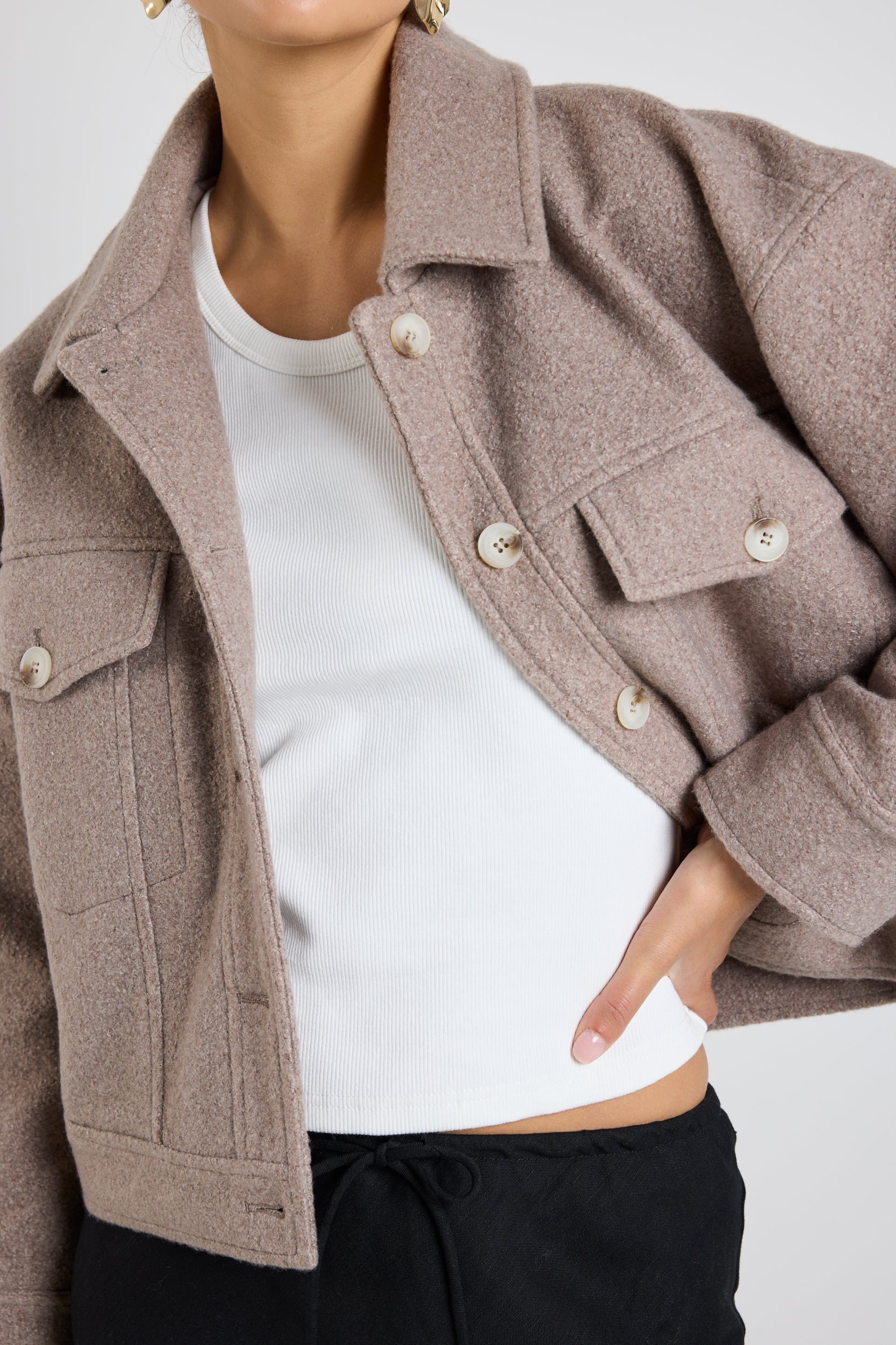 Stylish Taupe Boucle Trucker Jacket for Women - Trendy Denim Driver Jacket with Comfortable Fit - Perfect for Casual Outings, Road Trips & Fall Layering
