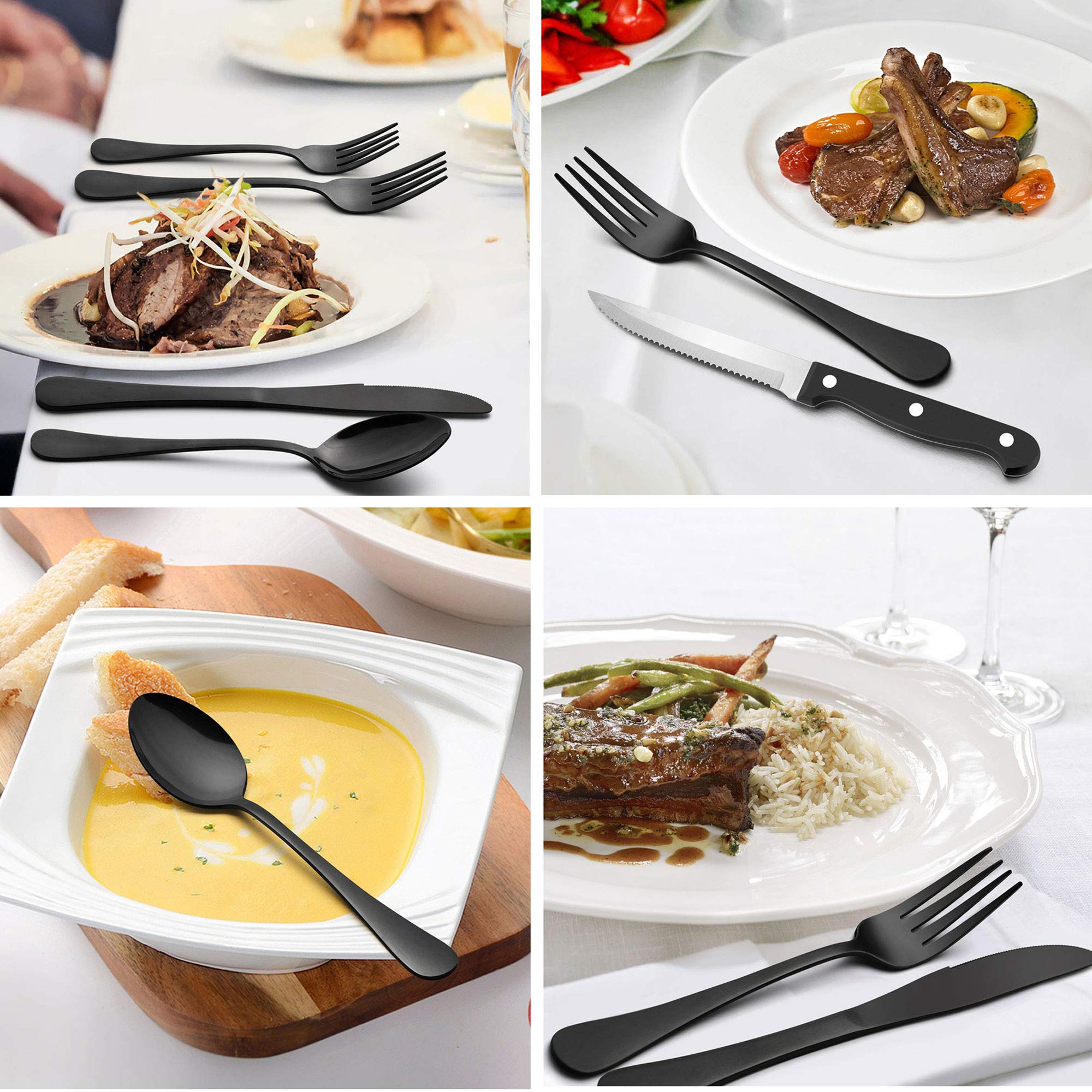 24-Piece Stainless Steel Flatware Set - Black Silverware with Steak Knives & Organizer for 4 People | Dishwasher Safe Mirror Polished Cutlery Set | Perfect for Wedding, Home Dinner Party & Restaurant Use