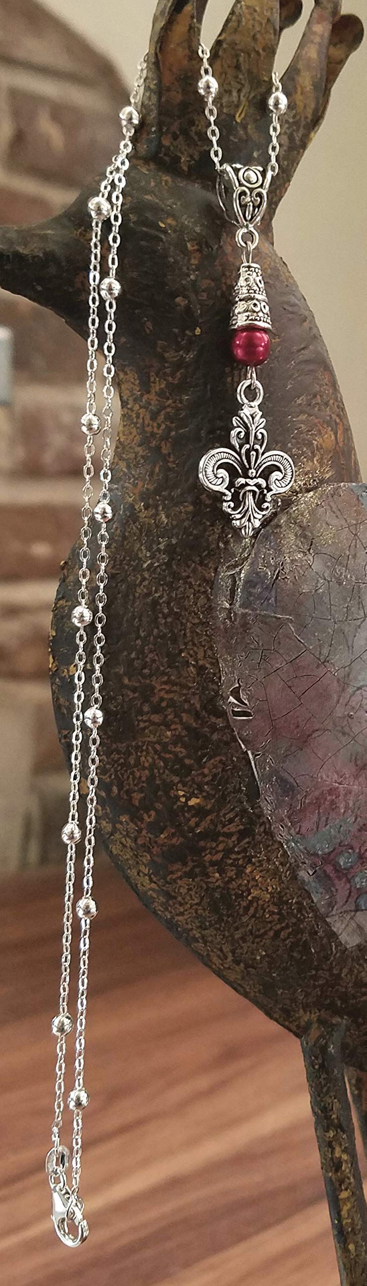 Handmade Sterling Silver Fleur De Lis Necklace with Red Accent - Perfect for Gifts, Weddings & Special Occasions