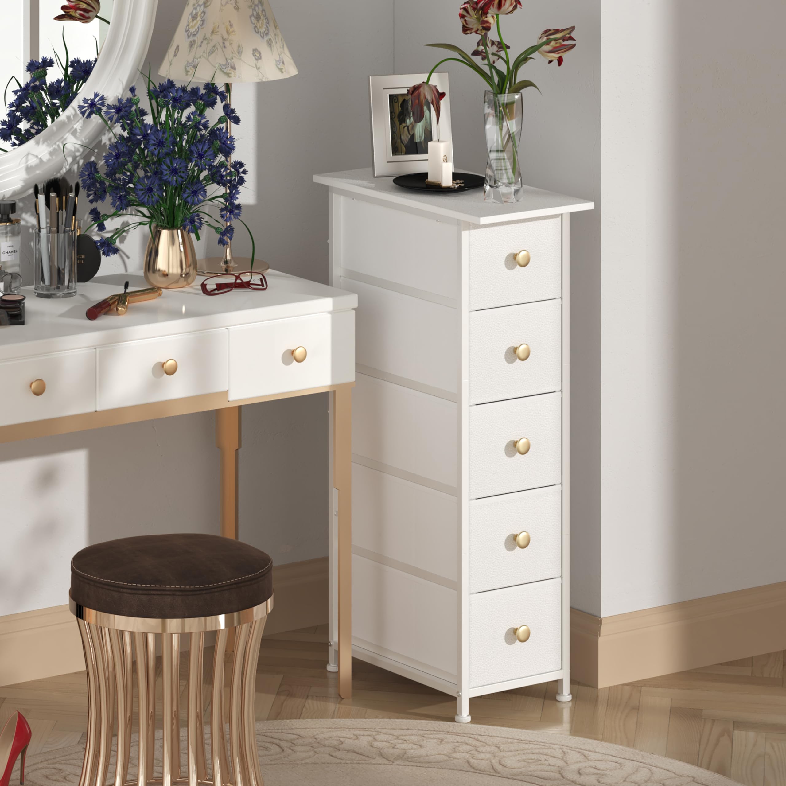Narrow Vertical Slim Dresser Cabinet - 5 Drawer Skinny Storage Tower for Small Spaces, Gaps, Closet, Bedroom & Bathroom | Space-Saving Fabric Drawer Unit (White) | Perfect for Apartments, Dorms & Tiny Homes