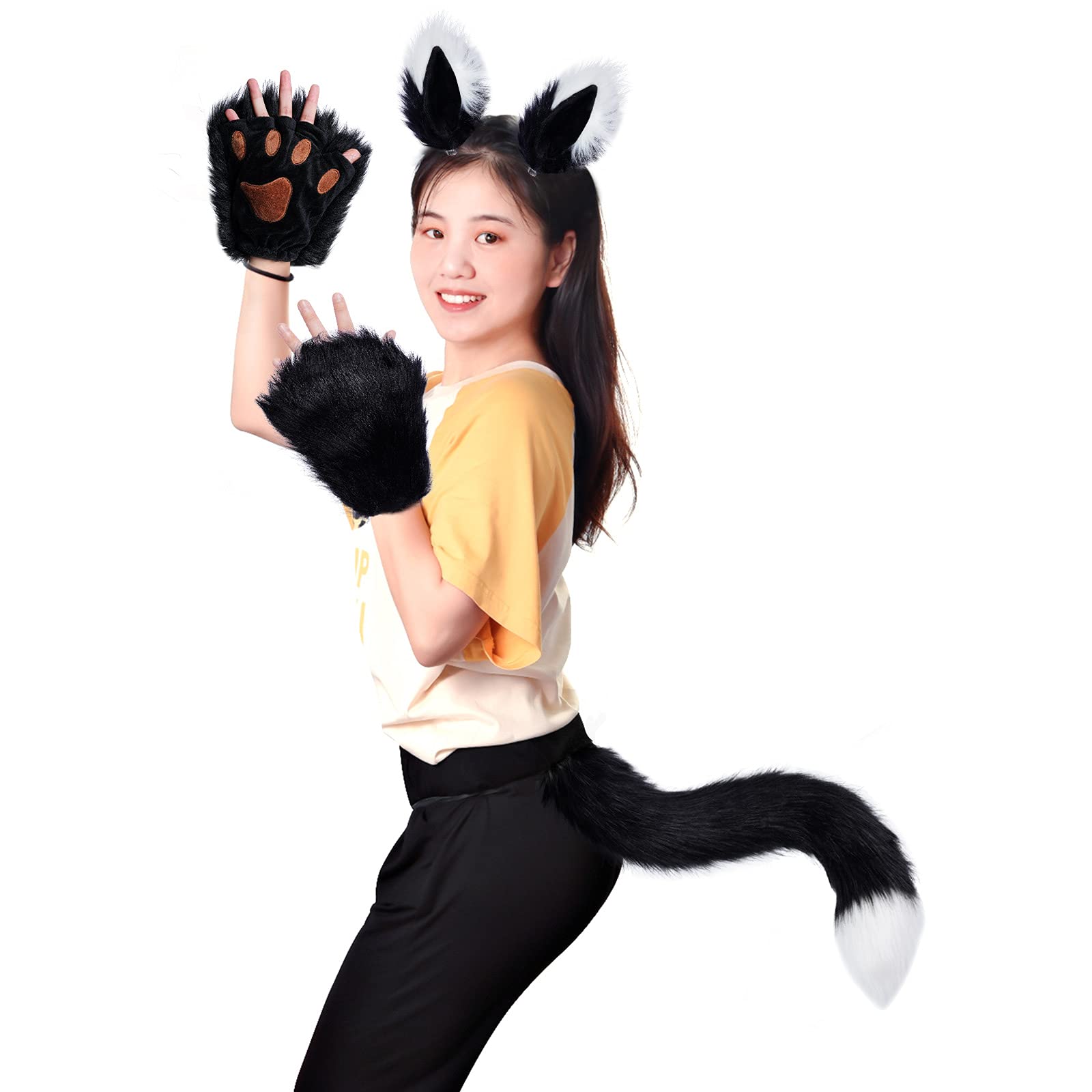 Faux Fur Wolf Fox Tail Hair Clips with Ears & Gloves Set - Halloween Christmas Cosplay Costume Accessories for Party Dress Up & Role Play