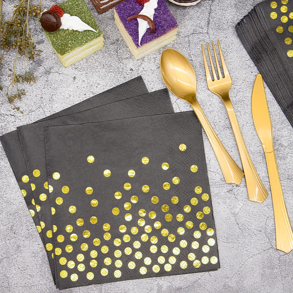 350PCS Black and Gold Party Supplies Set - Disposable Dinnerware with Gold Dot Paper Plates, Napkins, Cups & Plastic Cutlery for Birthday, Wedding, Baby Shower Decorations - Elegant Tableware for Women & Men's Special Events