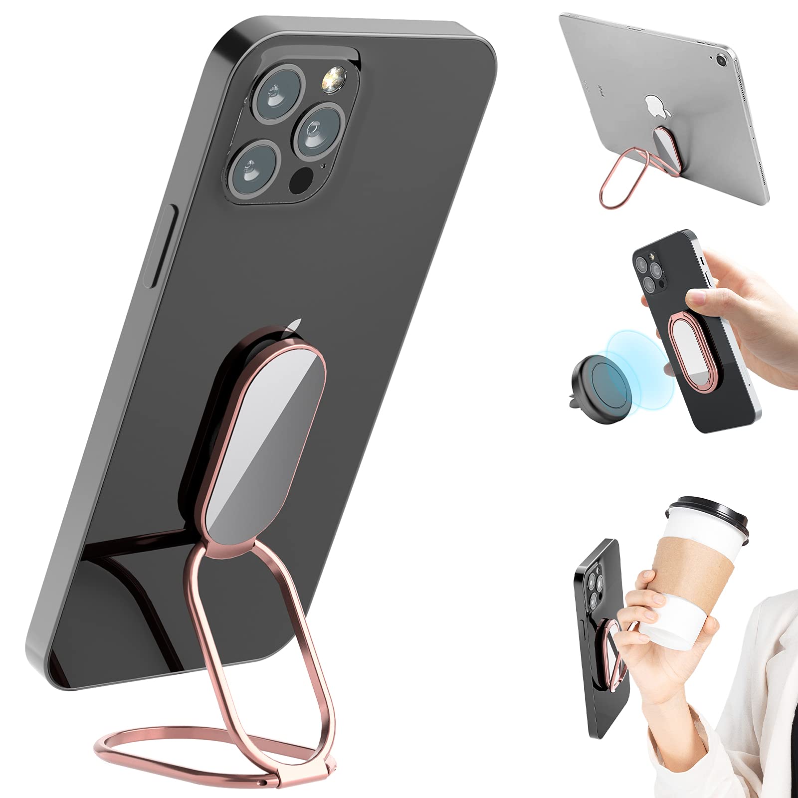 360° Rotating Metal Phone Ring Holder & Kickstand - Magnetic Car Mount Compatible, Foldable Phone Grip for iPhone Samsung Galaxy (Perfect for Driving, Video Calls & Hands-Free Viewing)