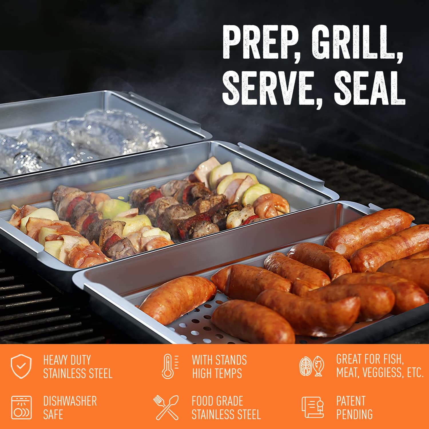 Yukon Glory™ Premium BBQ Grill Set - 3 Grill Baskets, Serving Tray, Bamboo Cutting Board with Plastic Lid & Clip-on Handle - Perfect for Outdoor Cooking, Camping, Backyard Parties & Picnics