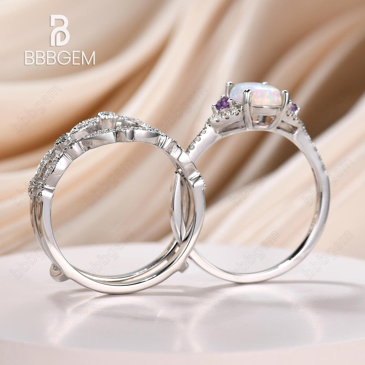 14K White Gold Oval Opal Moissanite Engagement Ring - Art Deco Double Curve Enhancer Wedding Band for Women, Perfect for Proposals, Anniversaries & Bridal Jewelry