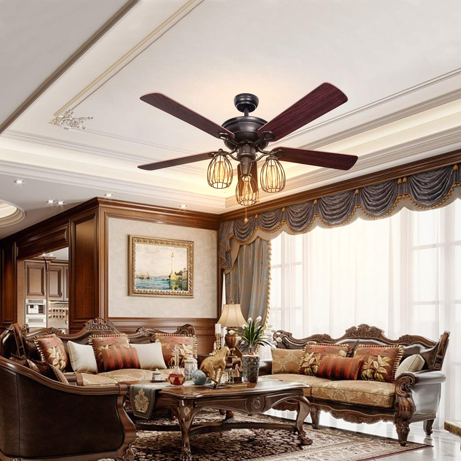 Tangkula 52-Inch Industrial Ceiling Fan with 5 Iron Blades & 3 Cage Lights - Quiet Reversible Motor, 3-Speed Pull Chain Control - Farmhouse Style for Living Room, Bedroom, Kitchen, or Outdoor Patio