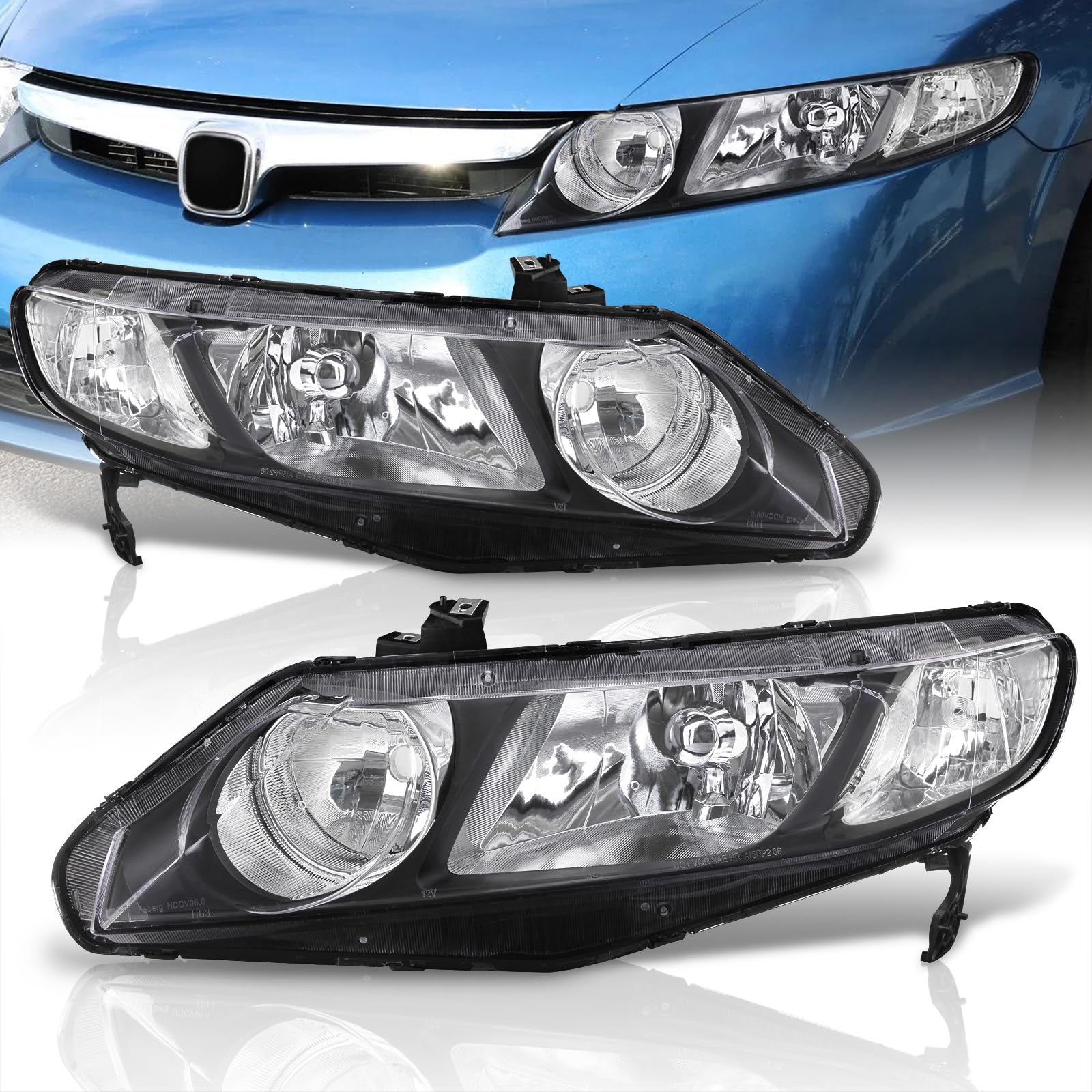 Black Clear Lens Headlights for Civic Sedan 2006-2011 - Bumper Lamps Assembly Pair - Night Driving Upgrade