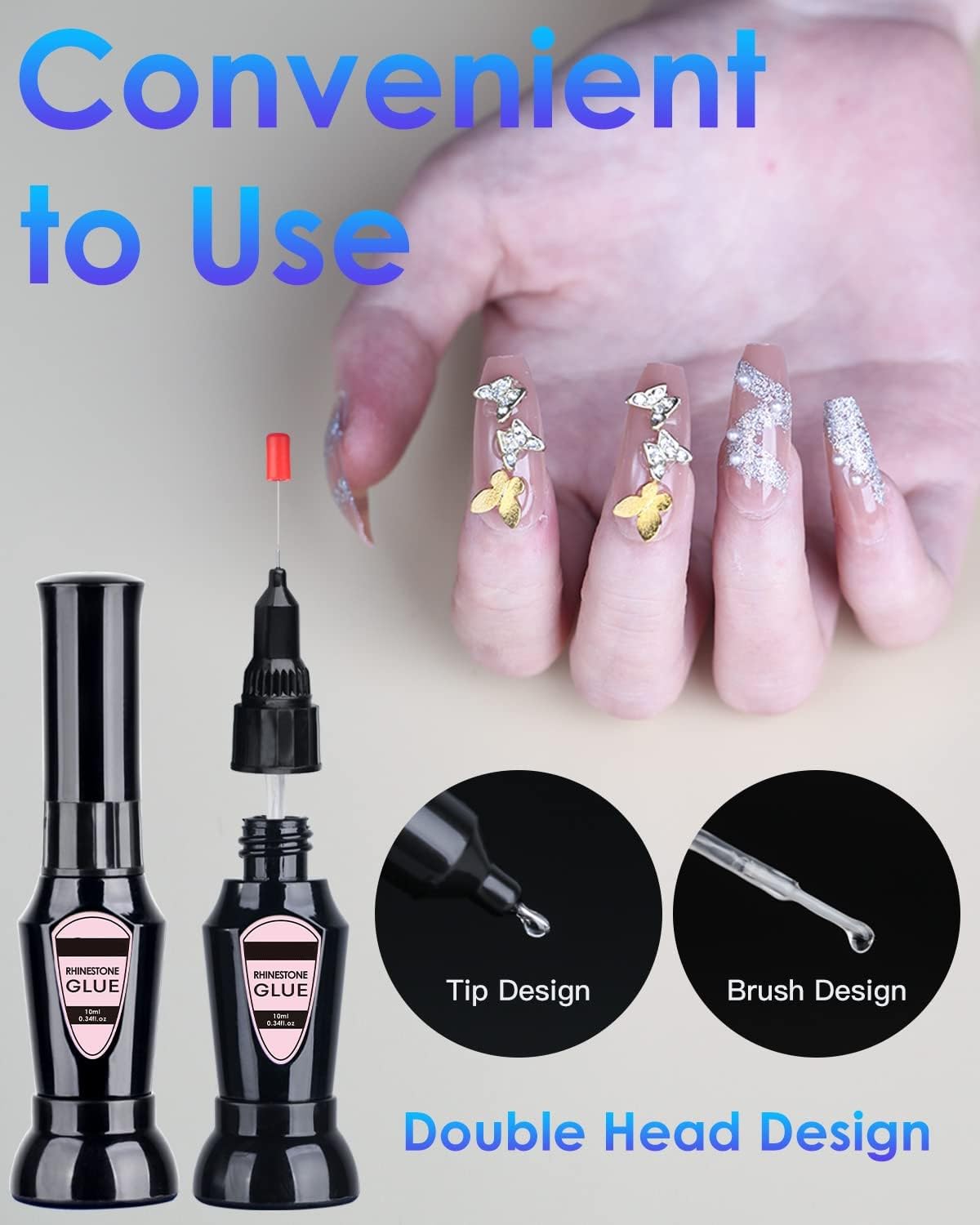 Rhinestone Nail Glue - 2 in 1 Precision Nail Adhesive with Brush & Pen Tip, 10ml Clear Gel for Nail Art & Jewelry Application (UV Cure Needed) - Perfect for DIY Manicures, Salon Nail Designs, and Rhinestone Embellishments