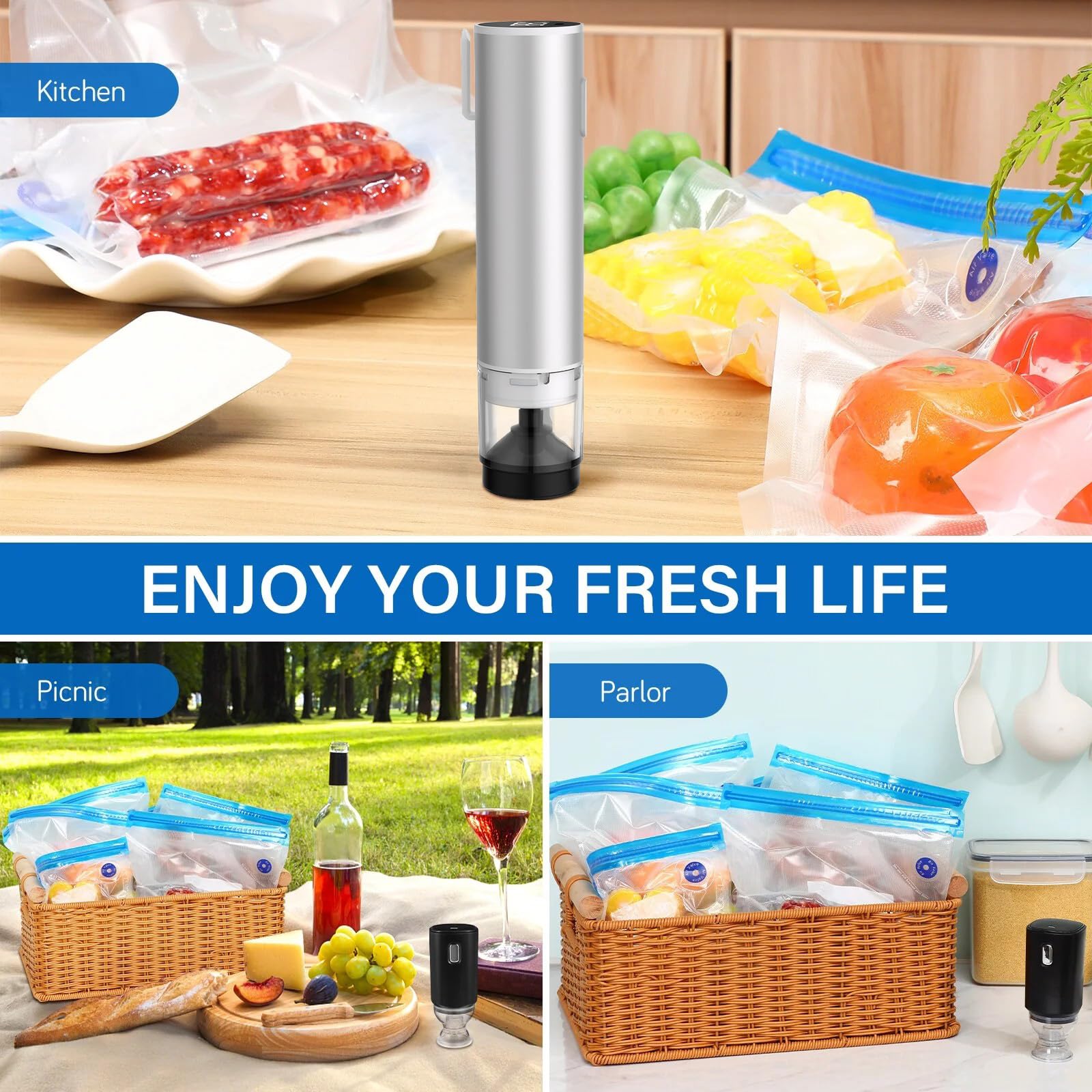Portable Cordless Handheld Vacuum Sealer for Food Preservation - Includes 10 Reusable Zipper Bags, Dry & Moist Modes, Mason Jar Sealer & Inflation Needle (1 Pump + 10 Bags) - Perfect for Kitchen, Camping & Meal Prep