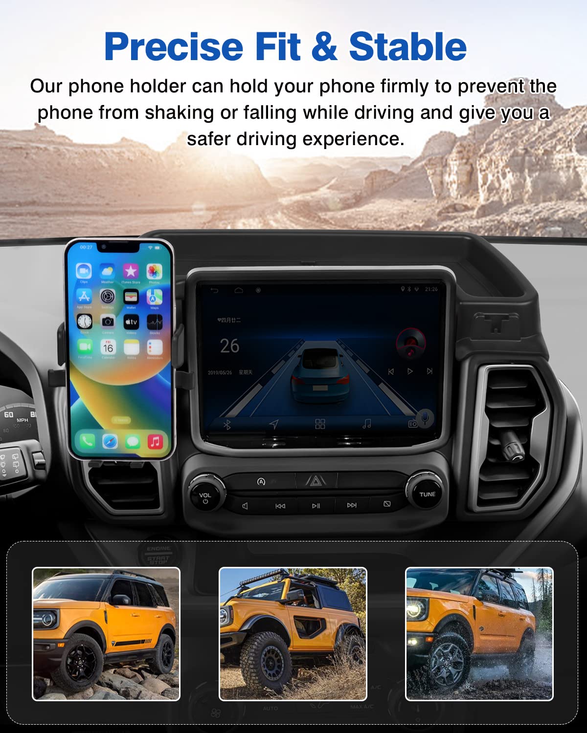 2021-2024 Ford Bronco Sport Phone Holder Mount - Anti-Slip Dashboard Organizer with Adjustable Phone Stand | Perfect for Road Trips & Off-Road Adventures