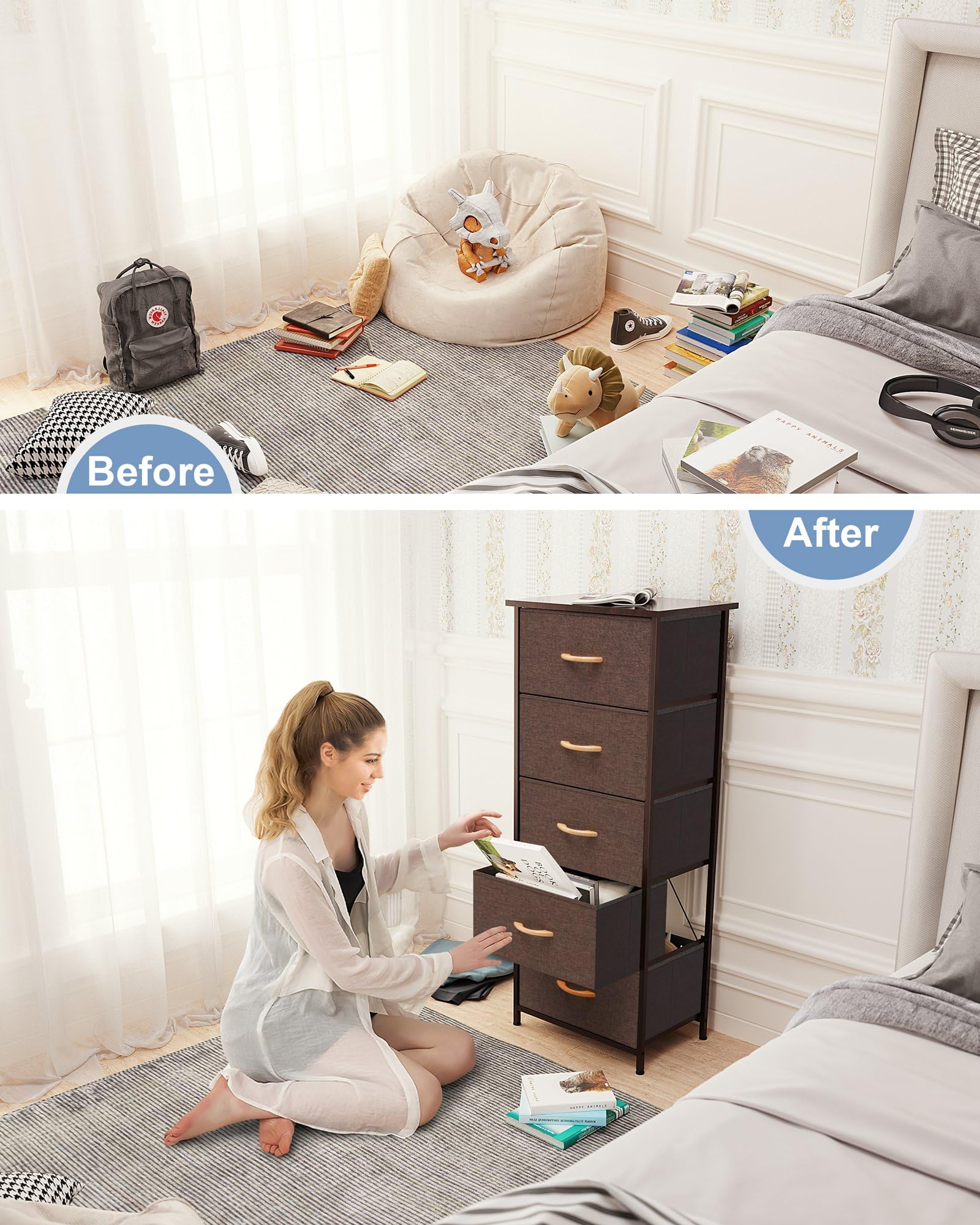 Crestlive 5-Drawer Vertical Dresser Storage Tower - Sturdy Steel Frame & Wood Top with Easy Pull Fabric Bins - Space Saving Closet Organizer for Bedroom, Hallway, Entryway - Perfect for Small Spaces & Apartment Living (Brown)