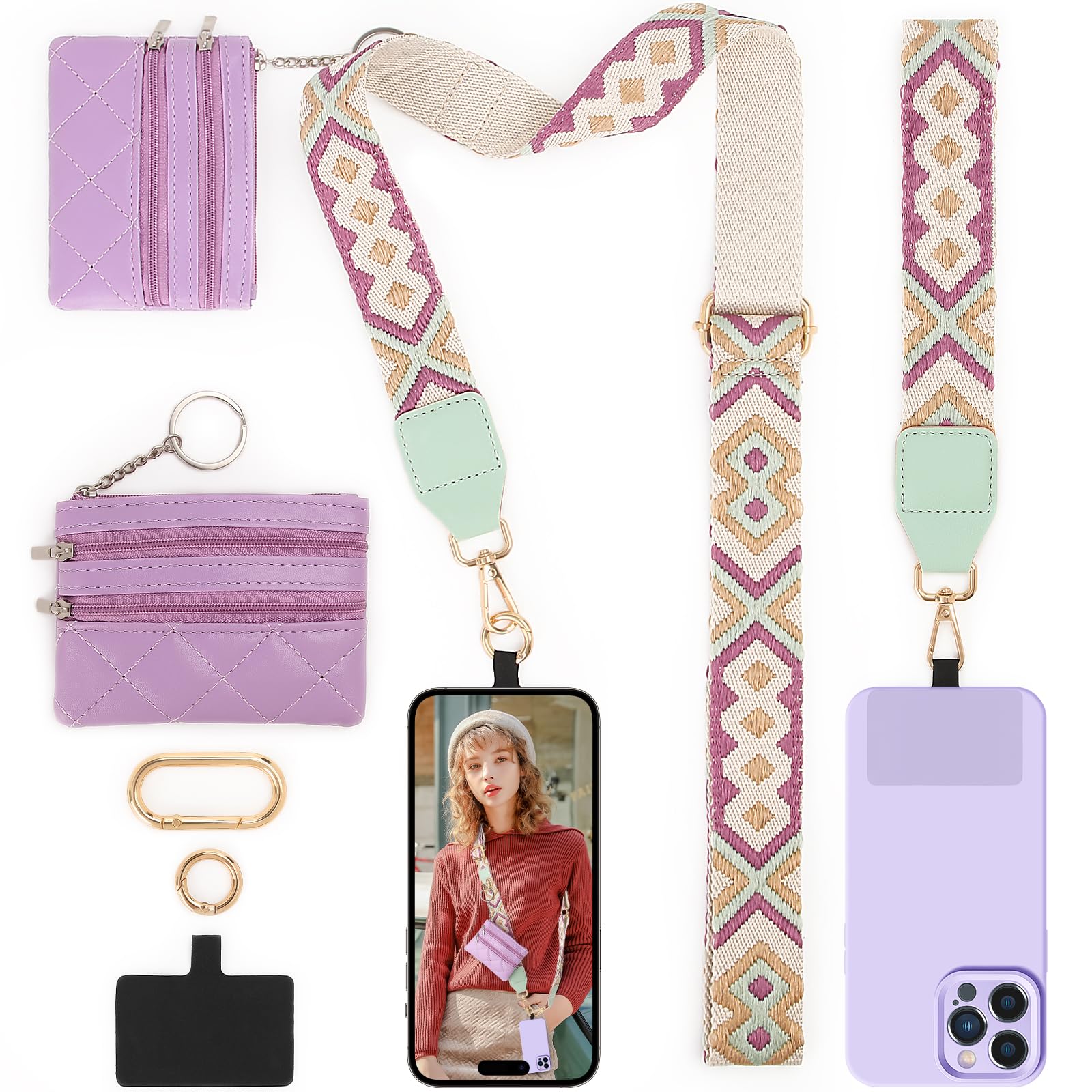 LOUXIFENG Women's Adjustable Crossbody Phone Lanyard with Zipper Leather Pouch - Clip and Go Strap for iPhone, Samsung & Smartphones - Perfect for Travel, Shopping & Hands-Free Convenience
