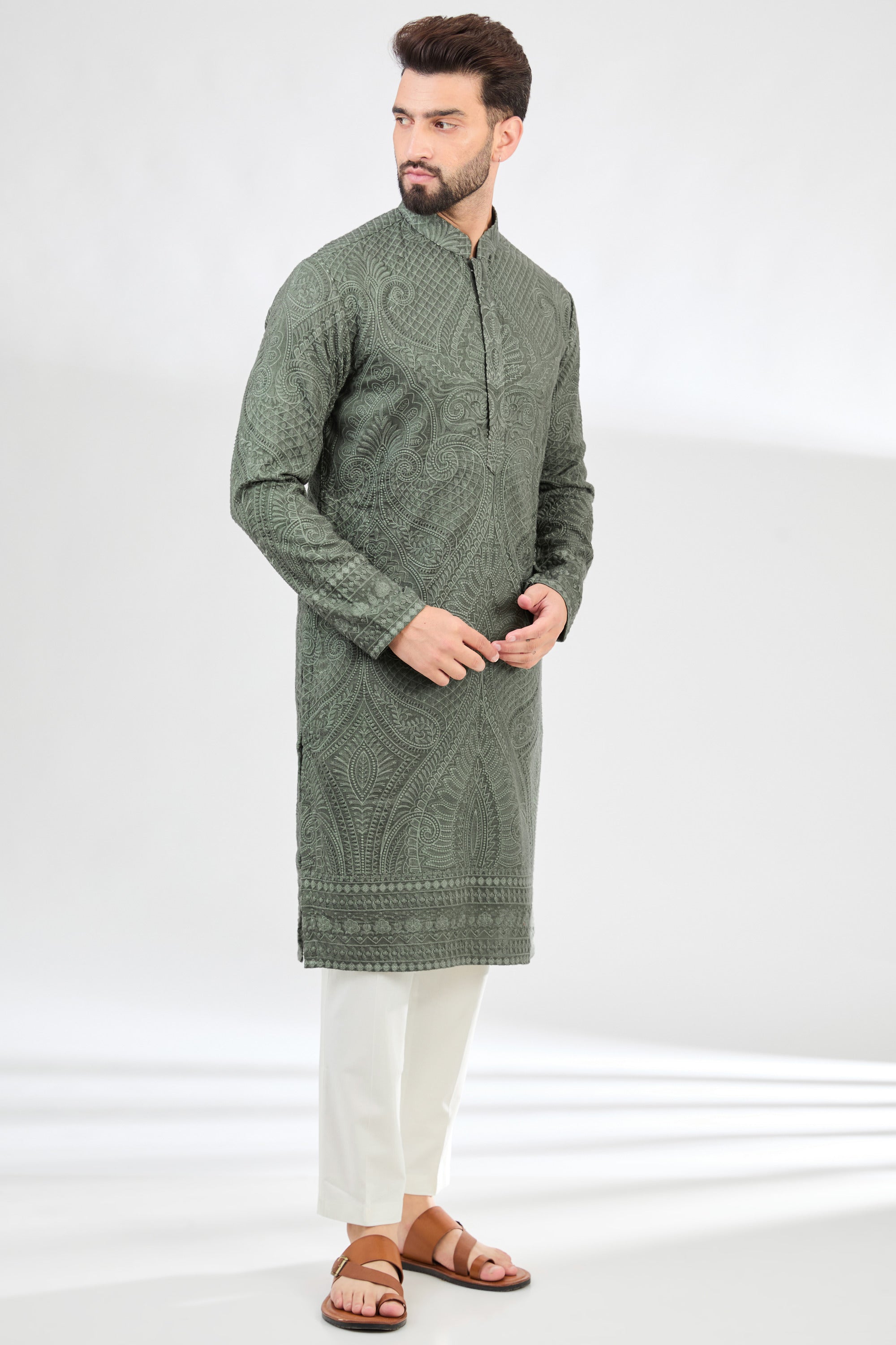 Military Green Kashmiri Embroidered Chikankari Kurta for Women - Traditional Indian Handcrafted Tunic - Perfect for Festivals, Weddings & Ethnic Outfits