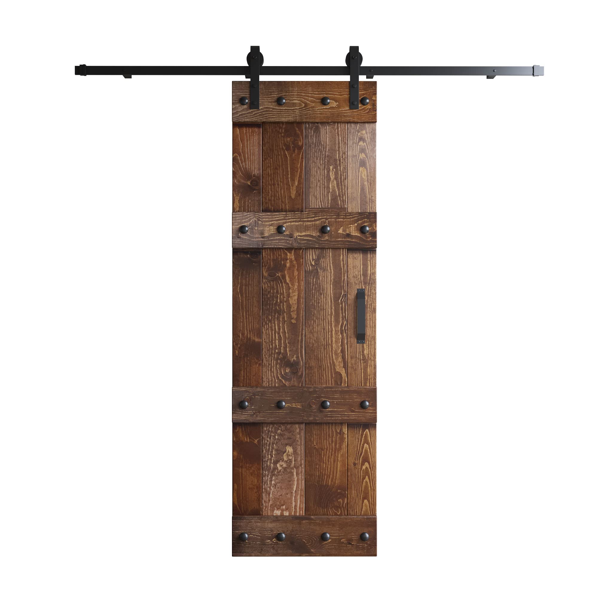 30in x 84in Castle-Series Knotty Pine Wood Sliding Barn Door with Hardware Kit - Dark Walnut Finish for Rustic Home & Farmhouse Interior Decor