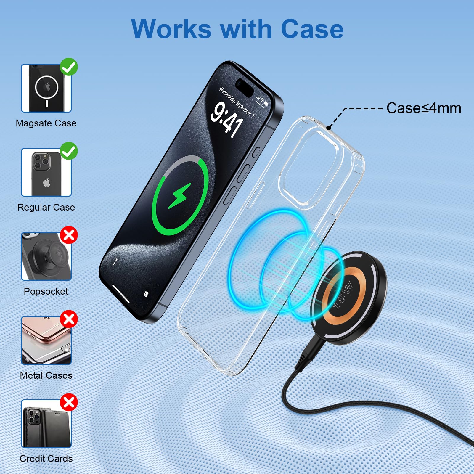 Magnetic Wireless Charger Compatible with iPhone 15 Pro Max/15 Pro/15 Plus/15/14/13/12 Series & Google Pixel 8/7 Pro & Samsung S24/S23/S22/S21 - Fast Qi-Certified MagSafe Charging Pad for Home, Office, and Car Use