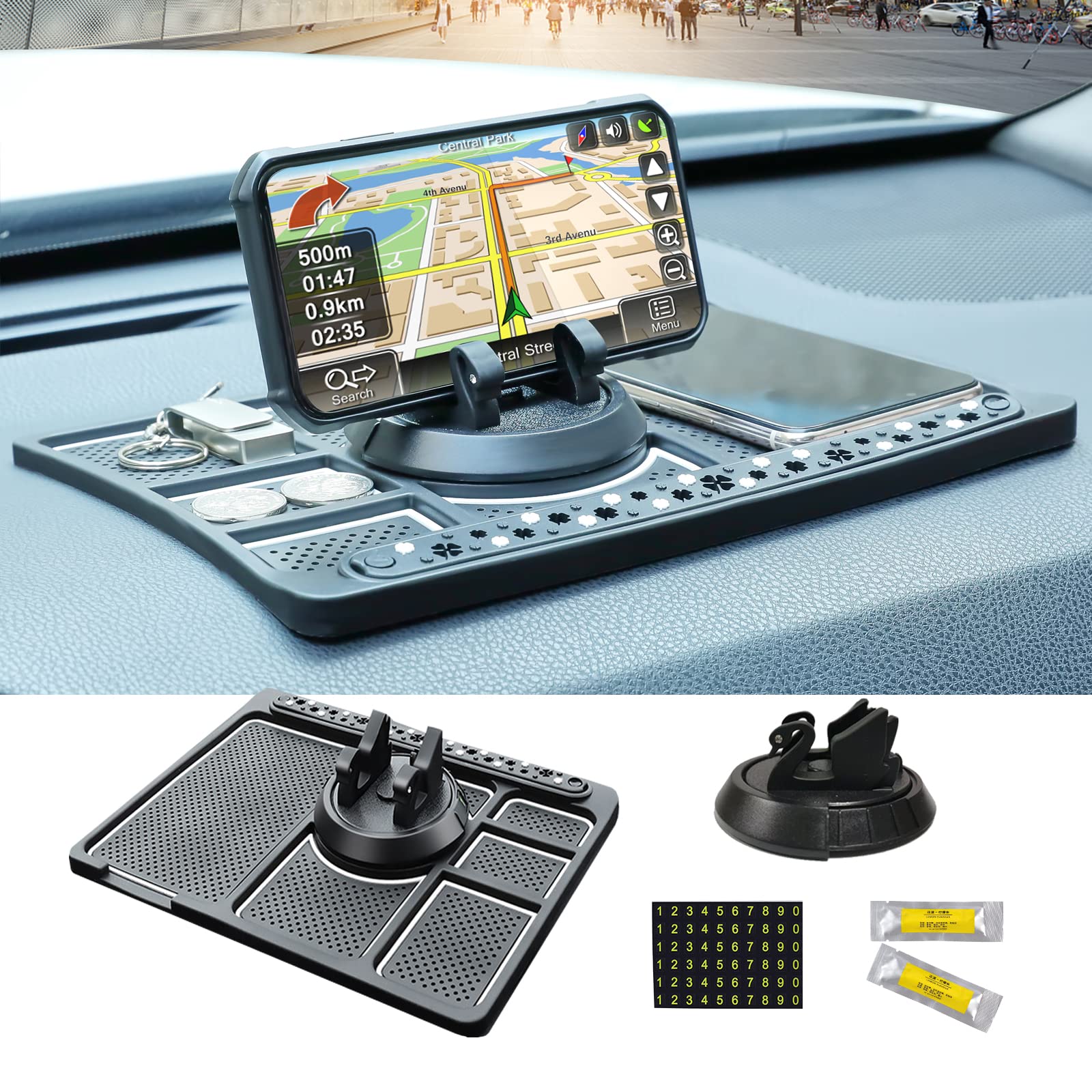 Non-Slip Car Dashboard Phone Holder Mat - Universal 4-in-1 Anti-Slip Phone Pad with 360° Rotation, Aromatherapy Feature & Parking Card Slot - Perfect for Safe Driving, Hands-Free Navigation and Car Organization