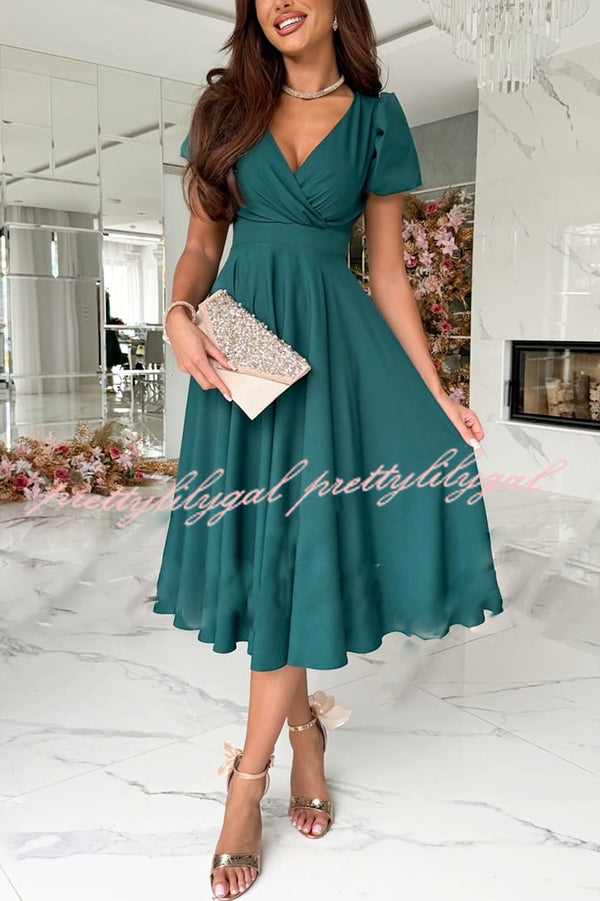 Zayla Women's Solid Color Puff Sleeve V-Neck Waist Slim Fit Midi Dress - Elegant Party, Wedding Guest & Office Wear
