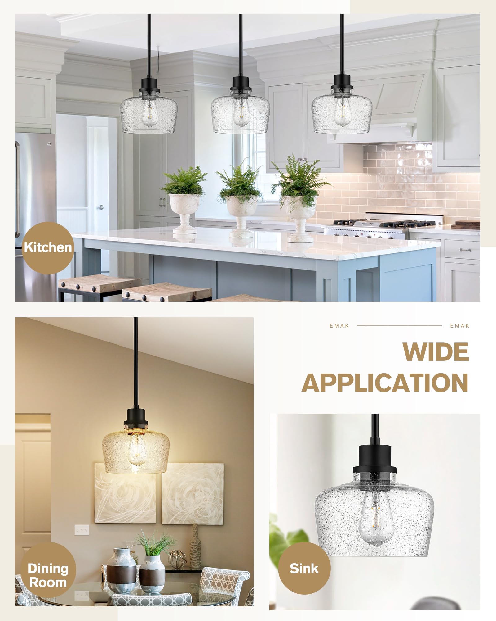 Emak Modern Farmhouse Black Pendant Light Fixture with Seeded Glass Shade - 8 Inch Hanging Light for Kitchen Island, Dining Room, Bathroom & Bedroom | Rustic Industrial Lighting for Home Decor