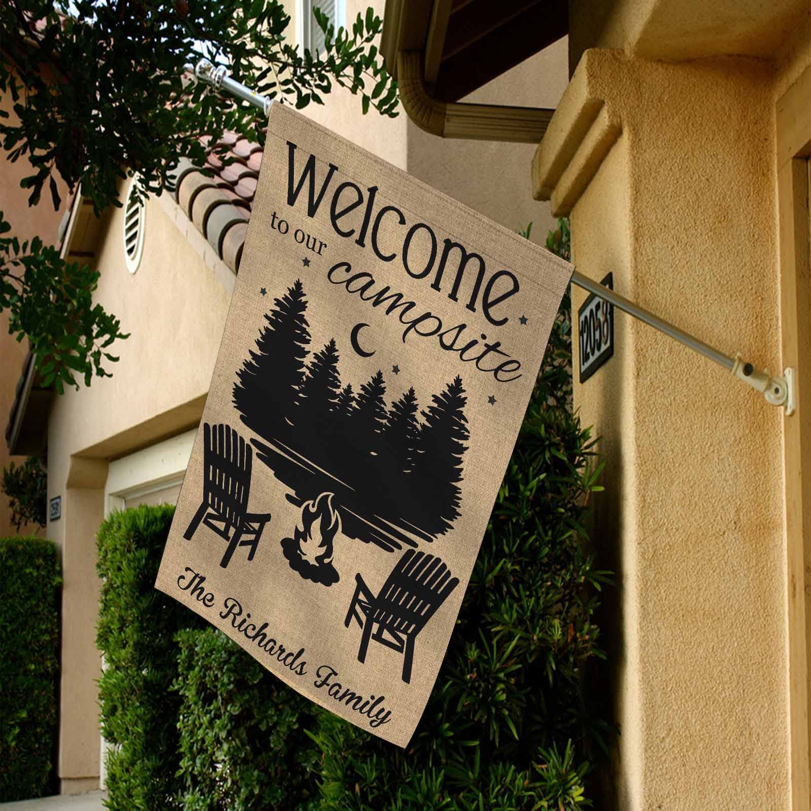 Personalized Welcome to Our Campsite Garden Flag - Custom Text Forest Stars Design - 28x40 Inch Outdoor Yard Banner for Campers, RV Parks & Backyard Decor - Perfect for Camping Trips & Cozy Outdoor Gatherings