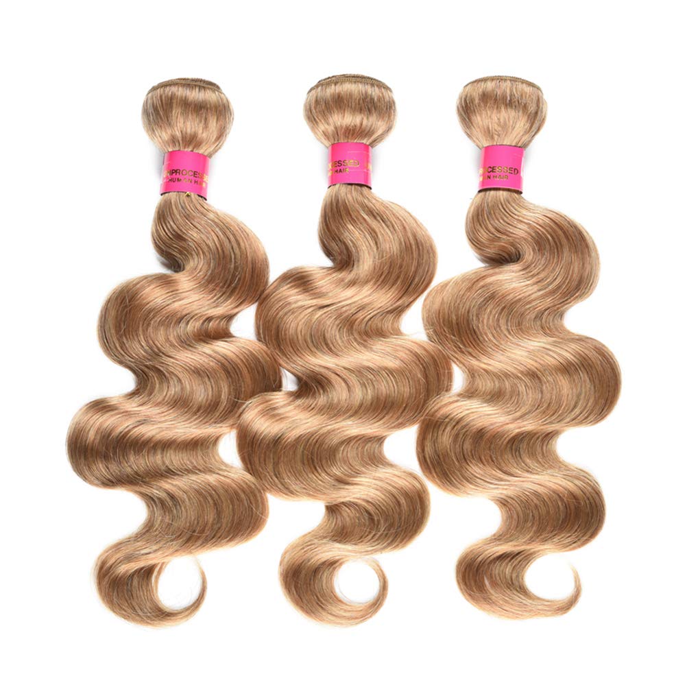 WOME Honey Blonde Hair Weave Bundles - 100% Virgin Peruvian Human Hair #27 Body Wave 8A Grade Unprocessed Remy Hair Extensions (10 12 14 Inch) for Natural Look & Styling - Perfect for Daily Wear, Parties & Special Occasions
