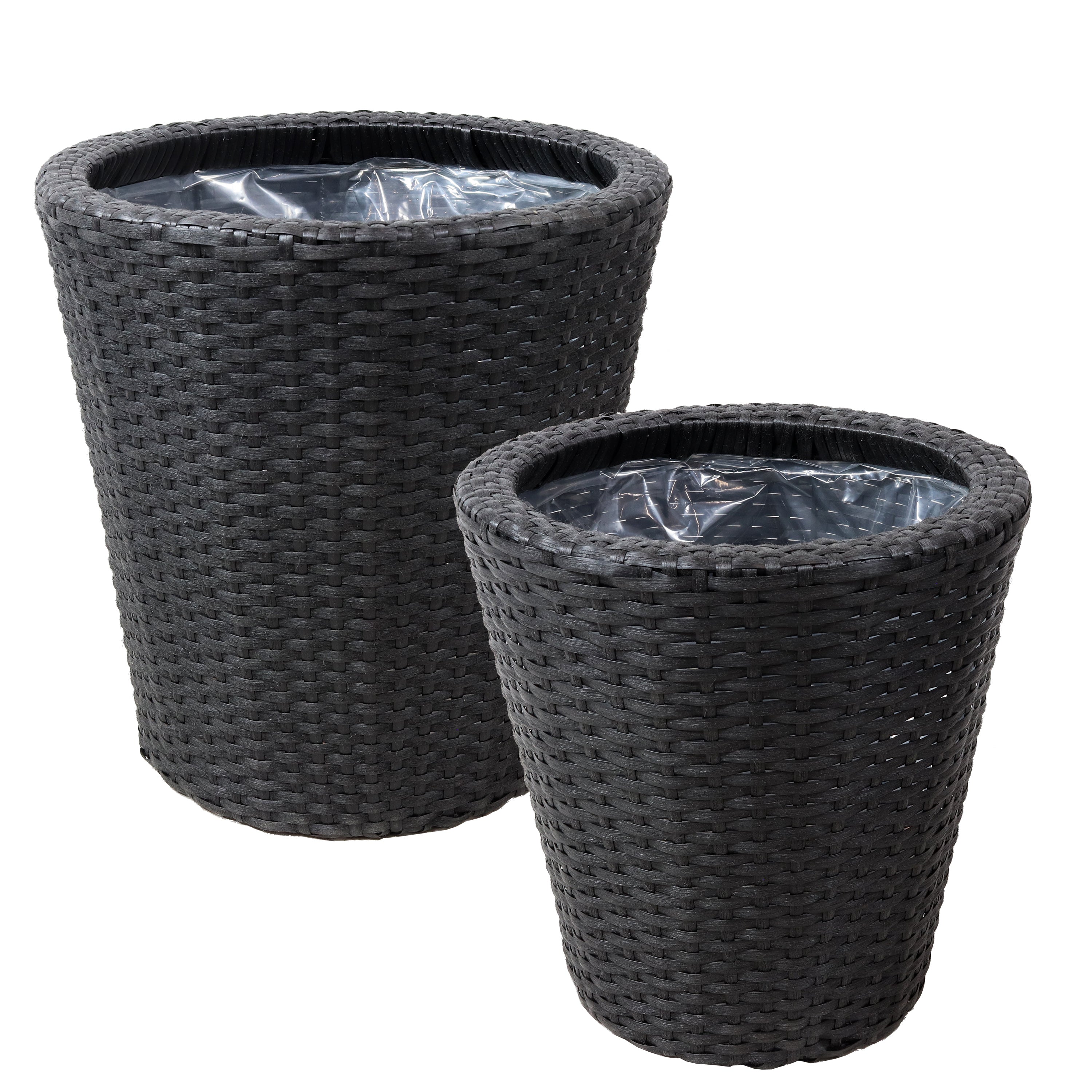 Sunnydaze Round Polyrattan Indoor Planters Set - 1 Large & 1 Small Modern Decorative Flower Pots for Home, Office, Living Room, Balcony Decor - Perfect for Succulents, Herbs & Houseplants