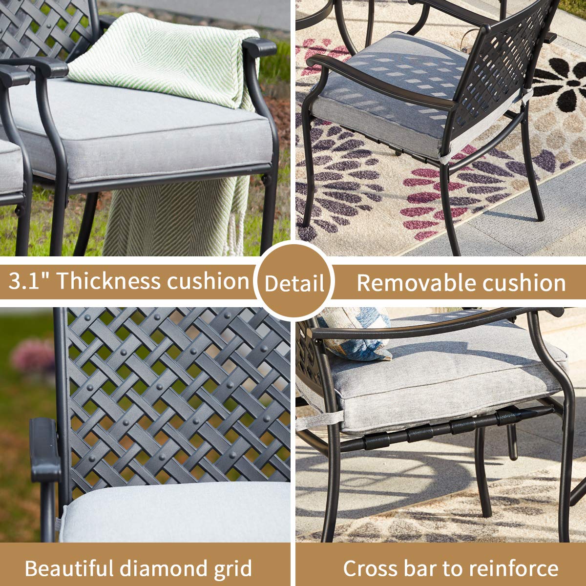 **PatioFestival 5-Piece Outdoor Dining Set with Cushions - Steel Table with Umbrella Hole & Armrest Chairs (Grey) - Perfect for Backyard, Garden, and Patio Entertaining**