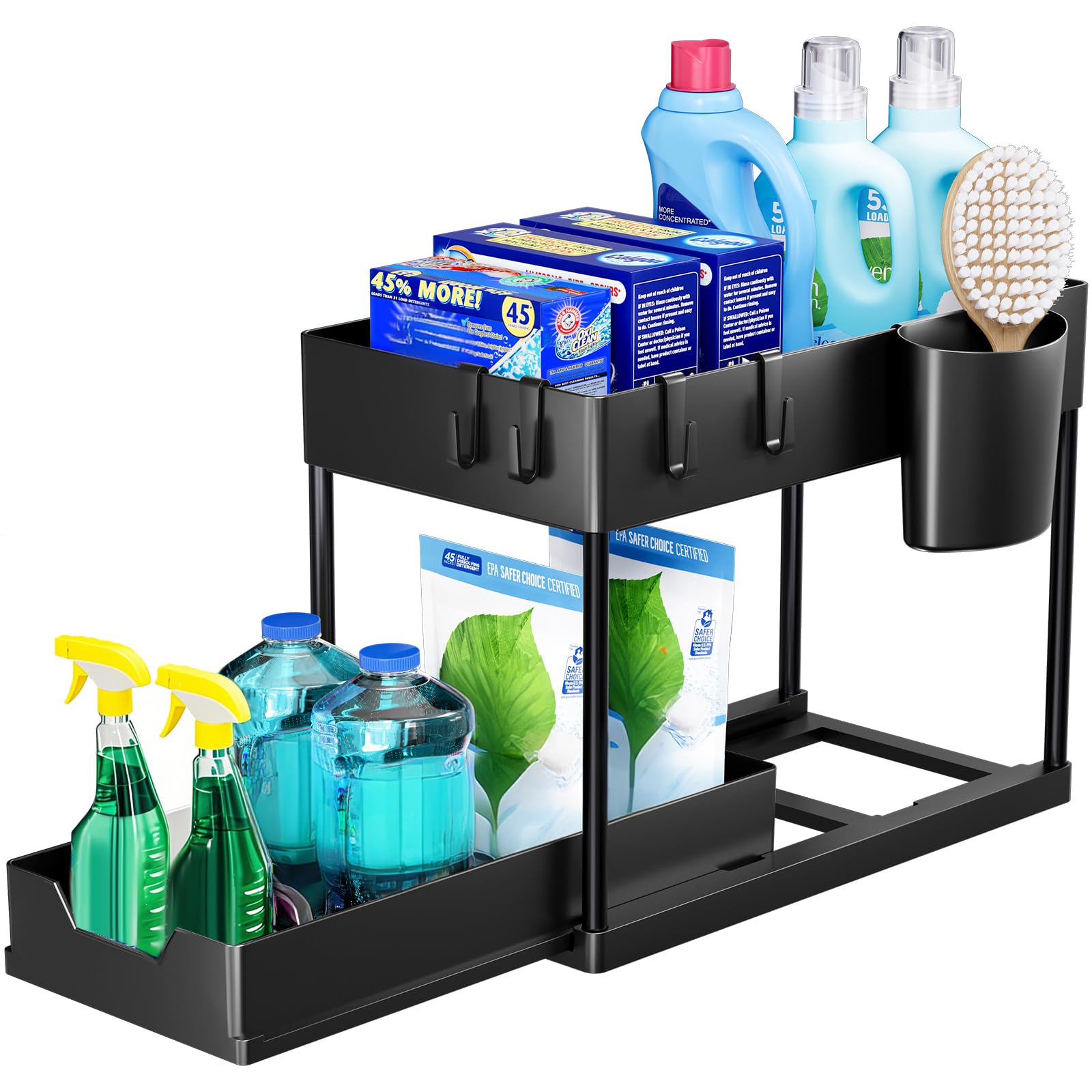 Puricon 2-Tier Under Sink Organizer - Space Saving Kitchen & Bathroom Storage Shelf, Multi-Purpose Cabinet Organizer for Sponges, Cleaners & Supplies - Black - Perfect for Small Spaces & Clutter-Free Homes