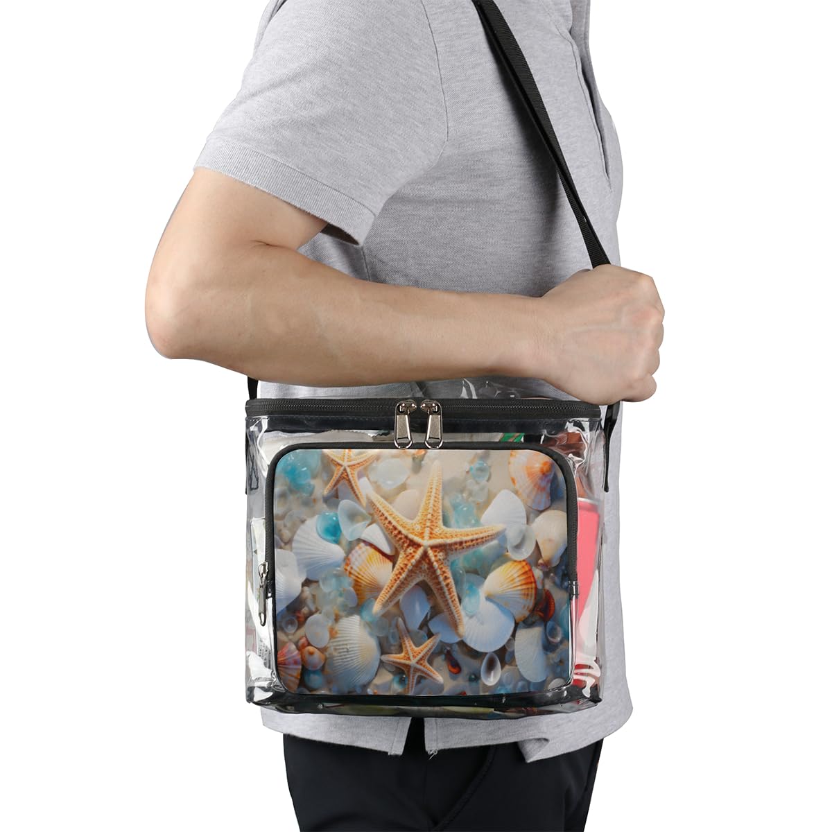 GzLeyigou Clear Transparent Beach Tote Bag with Handles - Starfish & Seashell Design Marine Life Shoulder Bag for Outdoor, Travel, Picnic, Concerts, Sports Events | Stadium Approved Lunch Bag for Women & Men | Perfect for Beach Day, Shopping, and Summer Outings