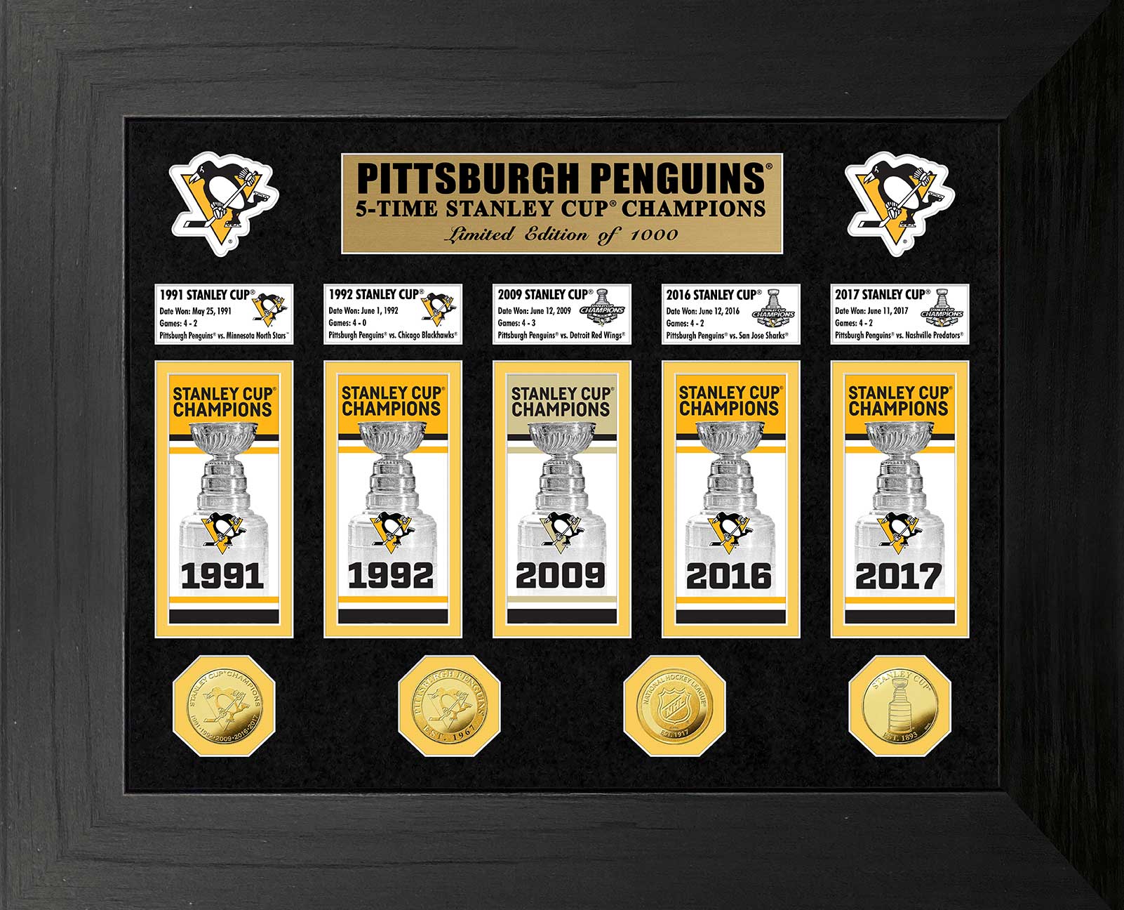 Pittsburgh Penguins 5-Time Stanley Cup Champions Commemorative Gold Coin & Banner Set - NHL Hockey Memorabilia for Collectors, Fans & Sports Enthusiasts - Perfect for Display, Gifts & Home Decor