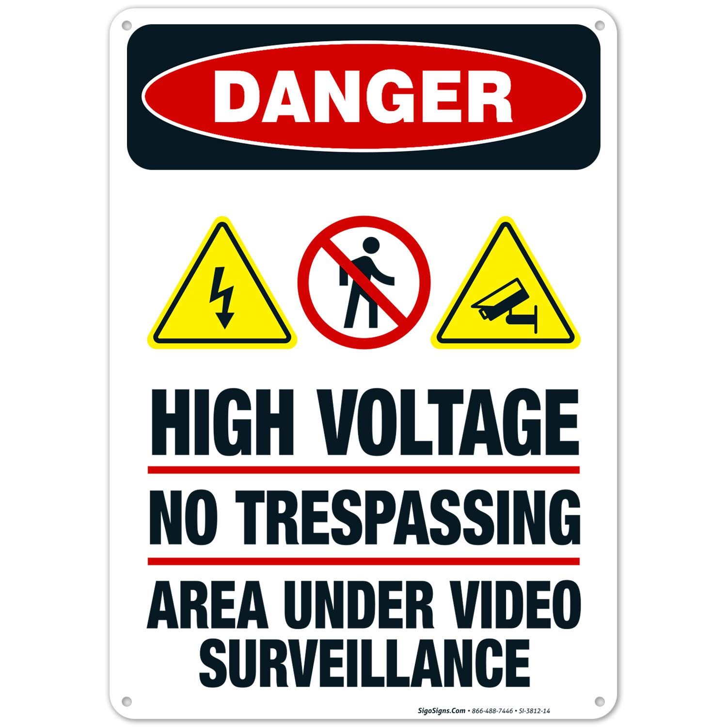 High Voltage No Trespassing Sign - OSHA Approved Danger Warning Sign 10x14 Inch - Rustproof .040 Aluminum for Indoor/Outdoor Use - Fade Resistant Video Surveillance Area Sign - Made in USA - Perfect for Construction Sites, Power Plants & Restricted Areas