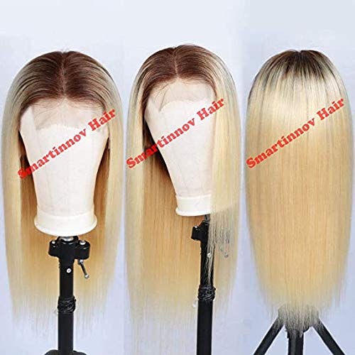 Smartinnov #4/613 Ombre Blonde Human Hair Lace Front Wig with Dark Roots - 4x4 Closure, Straight Brazilian Remy Hair, 10 Inch, 150% Density, Bleached Knots & Baby Hair | Perfect for Daily Wear, Cosplay, Parties & Special Occasions