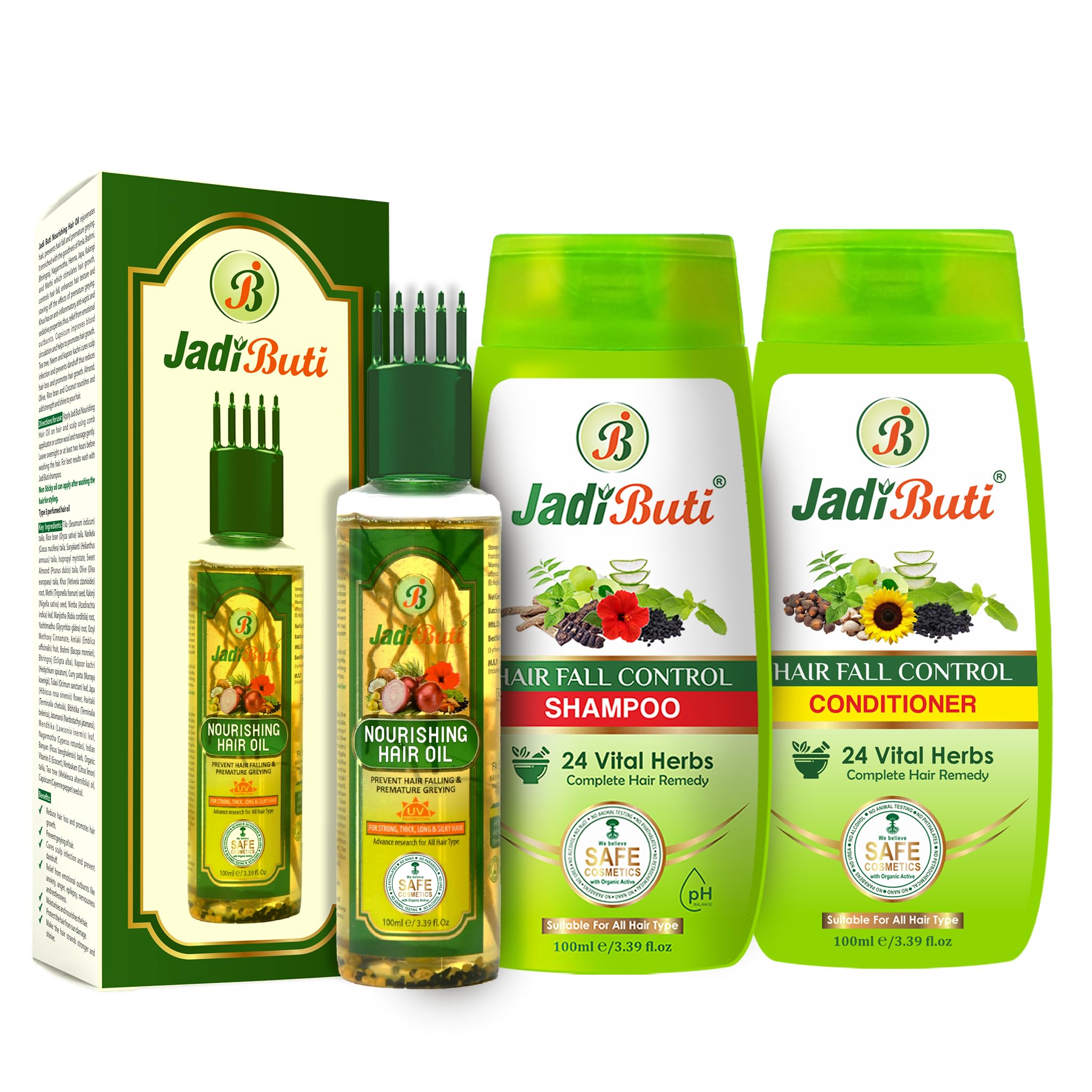 Jadi Buti Hair Oil, Shampoo & Conditioner Set - 24 Herbal Infusion for Strong, Thick & Silky Hair Growth - 300ml/3.39 fl.oz Combo Pack for All Hair Types - Perfect for Daily Hair Care & Scalp Nourishment