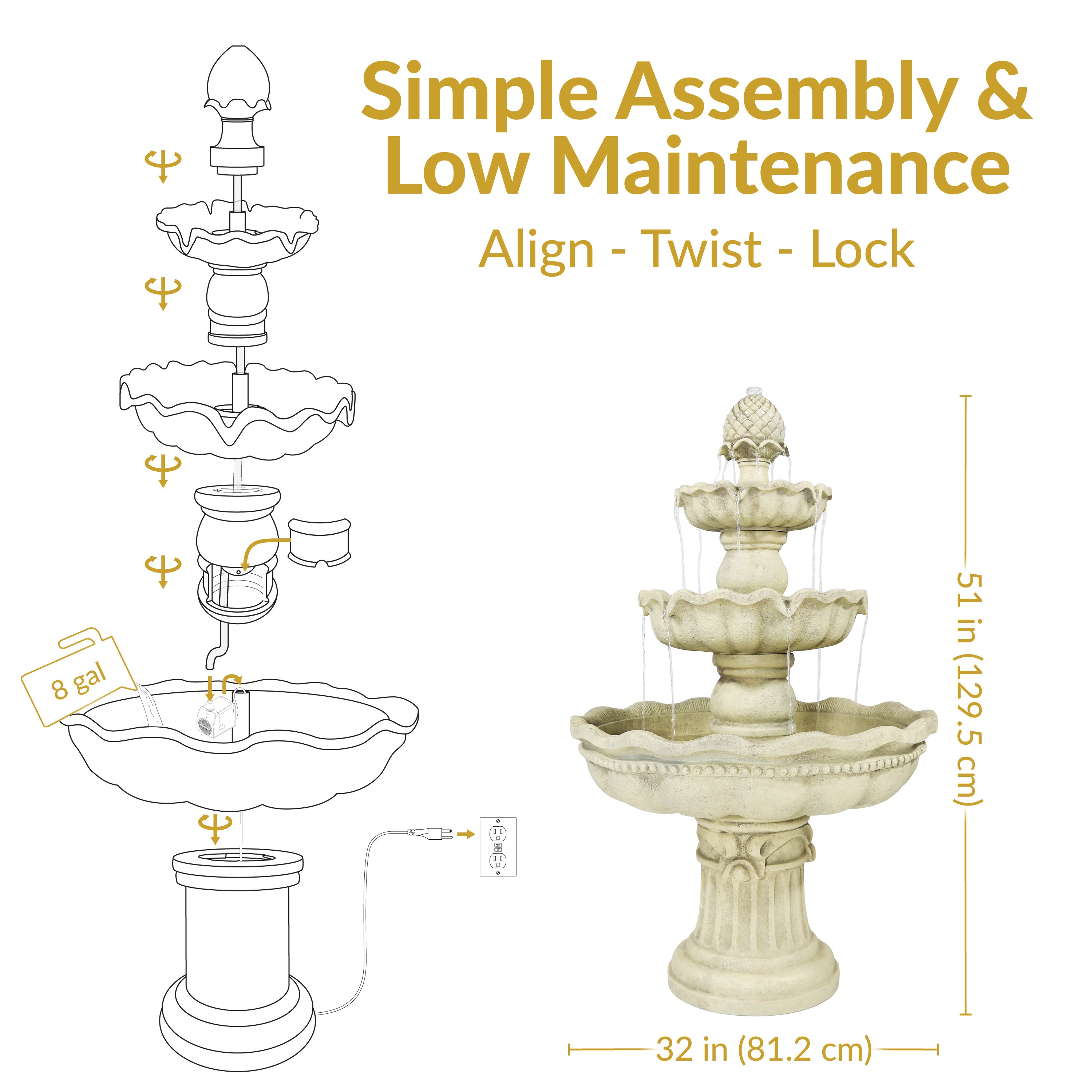 Sunnydaze 3-Tier White Pineapple Garden Fountain - 51 Inch Outdoor Water Feature for Patio, Yard & Garden Decor | Relaxing Backyard Oasis