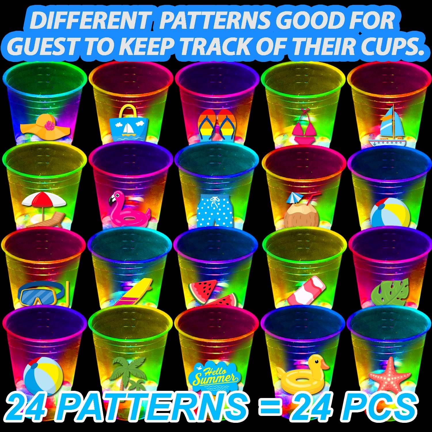 24 Pcs Fun Beach Party Decorations - Glow Theme Cups, Summer Pool Birthday Party Supplies, Tiki Bar Drinkware for Day & Night (16 oz, 24 Patterns) - Perfect for Luau, Pool Parties & Summer Celebrations