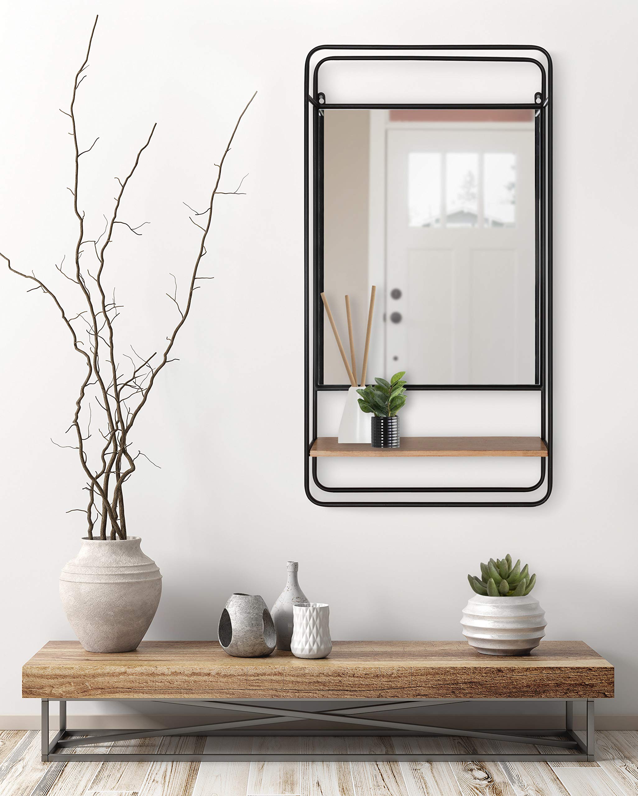 Kate and Laurel Webber Farmhouse Framed Wall Mirror with Shelf - 19x36 Inches, Rustic Brown & Charcoal Gray - Modern Decorative Mirror for Living Room, Bedroom, Entryway
