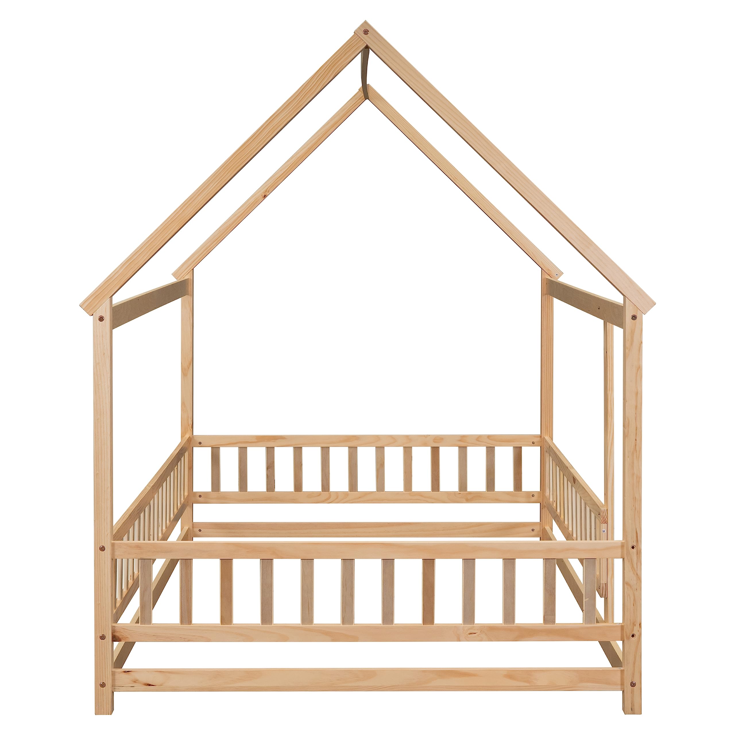 Bellemave Full Size House Bed for Kids - Solid Wood Montessori Floor Bed with Safety Fence & Playhouse Roof - Natural Wood Toddler Bed Frame for Girls & Boys - Perfect for Bedrooms, Playrooms & Montessori Learning Spaces