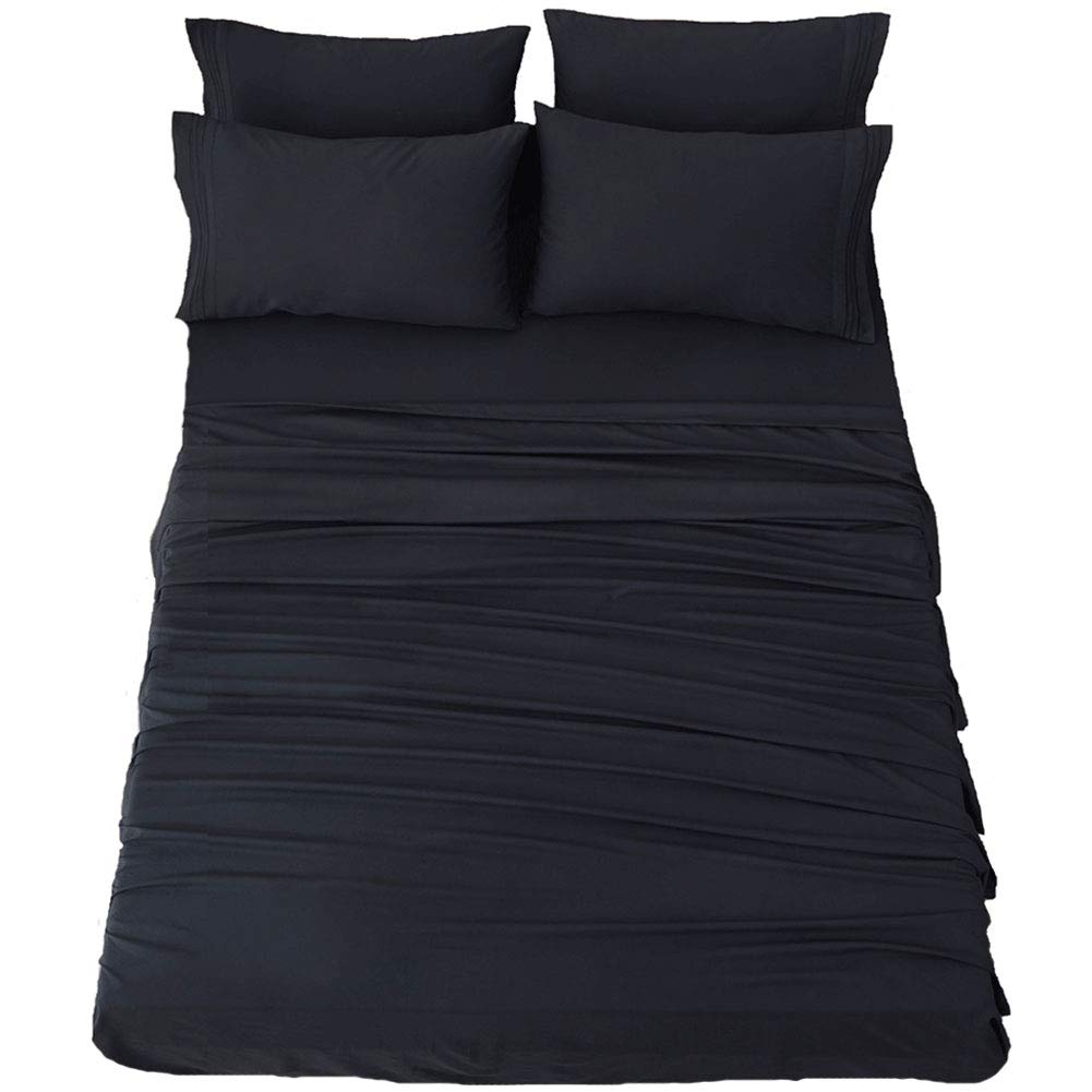 SONORO KATE 6-Piece Microfiber Bed Sheet Set - Super Soft 1800 Thread Count Egyptian Quality Sheets with 16-Inch Deep Pockets, Wrinkle-Resistant (Full Size, Black) - Perfect for Master Bedrooms, Guest Rooms & Luxury Hotels