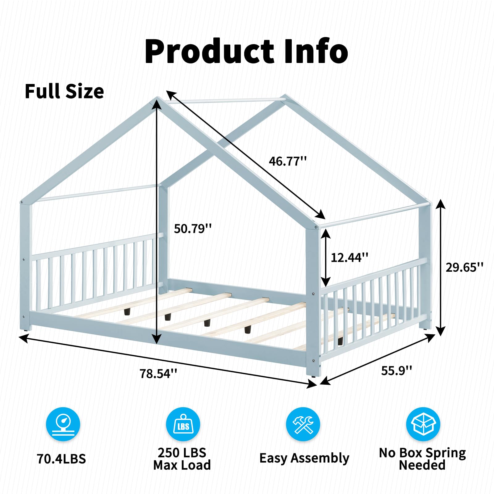 Montessori Floor Bed Full Size - Wooden House Bed Frame with Roof for Kids - Blue - Perfect for Boys & Girls Bedrooms, Playrooms & Montessori Learning Spaces