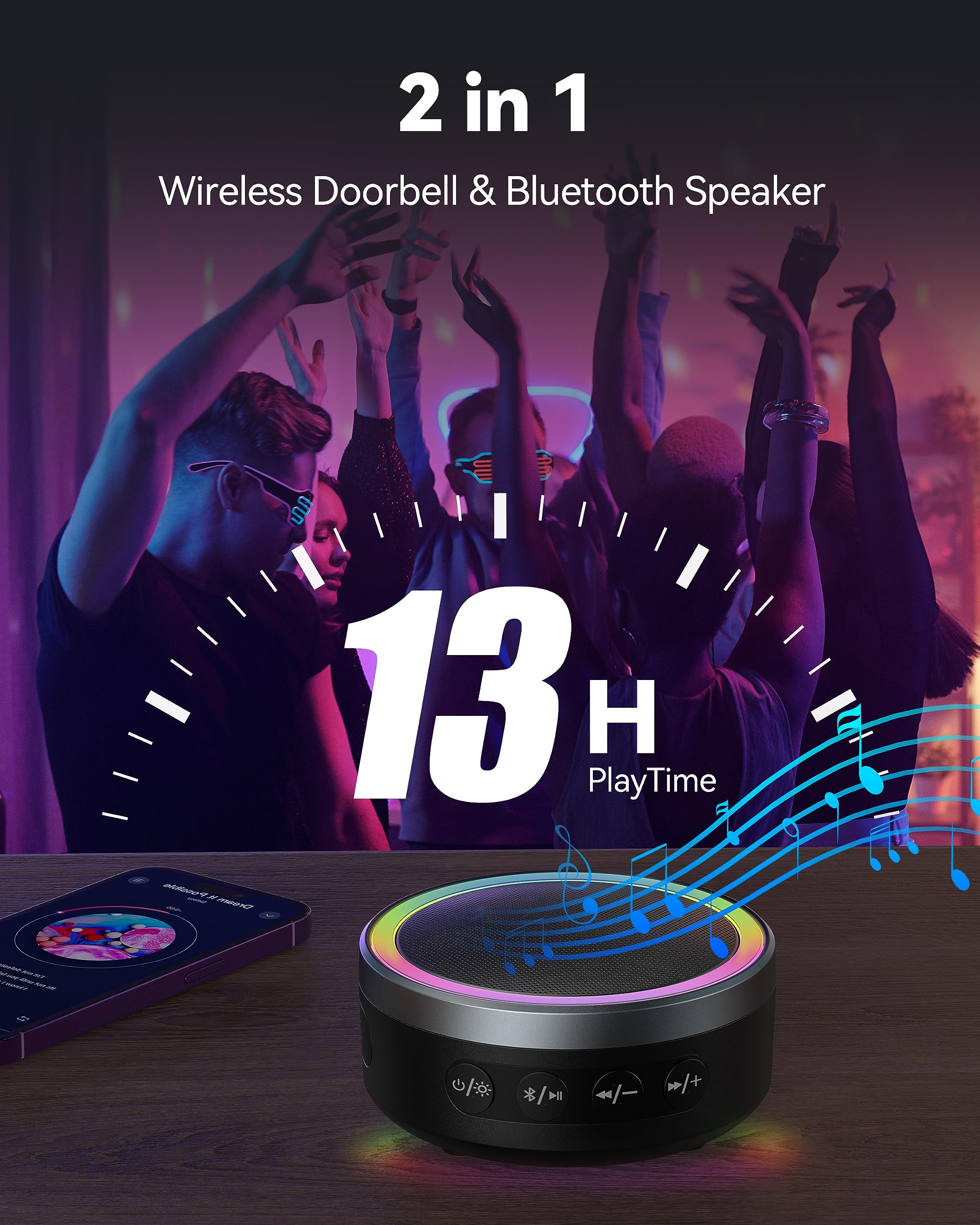 TECKNET 2-in-1 Wireless Doorbell with Bluetooth Speaker - Portable RGB Light Doorbell, IP66 Waterproof, 0-100dB Adjustable Volume, Stereo Sound - Perfect for Home Security, Outdoor Parties & Smart Home Integration