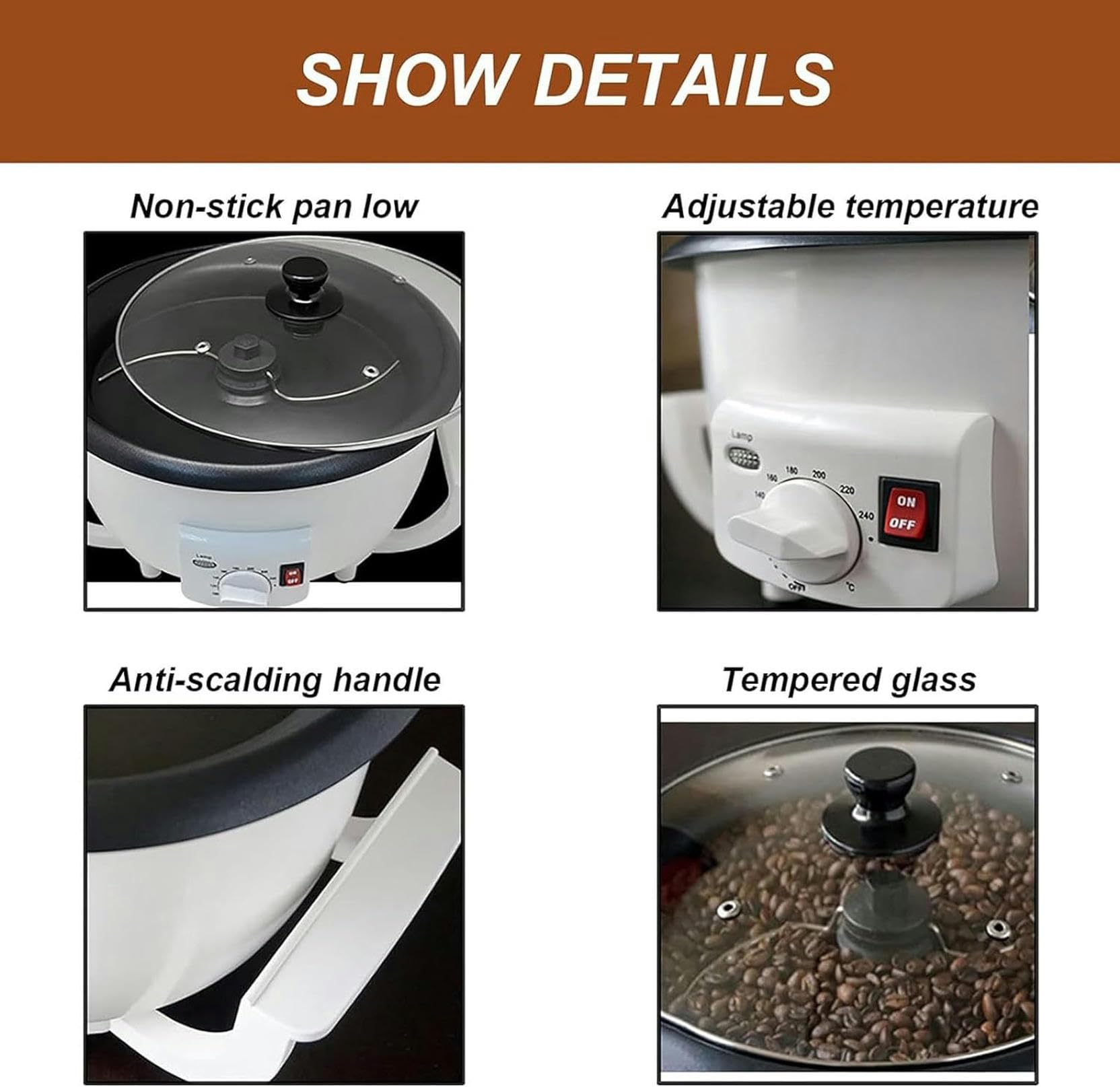 Premium Peanut Roaster Machine for Home Use - Adjustable Temperature 0-240℃ (482℉) - 750G Capacity for Roasting Peanuts, Almonds, Soybeans, Barley & Chestnuts - Perfect for Kitchen, Bakery & Coffee Shop Use