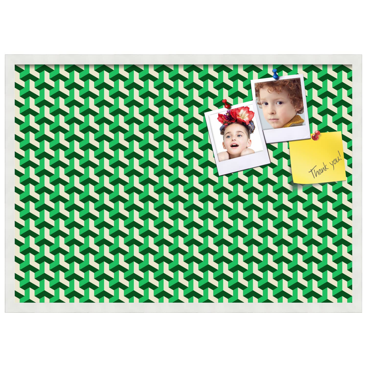 PinPix 34x24 Inch Cork Bulletin Board - Decorative Framed Pin Board with BAUS Green Beige Design & Satin White Frame - Perfect for Home Office Decor, School Classroom, Dorm Room Organization & Wall Memo Display (PinPix-1531)