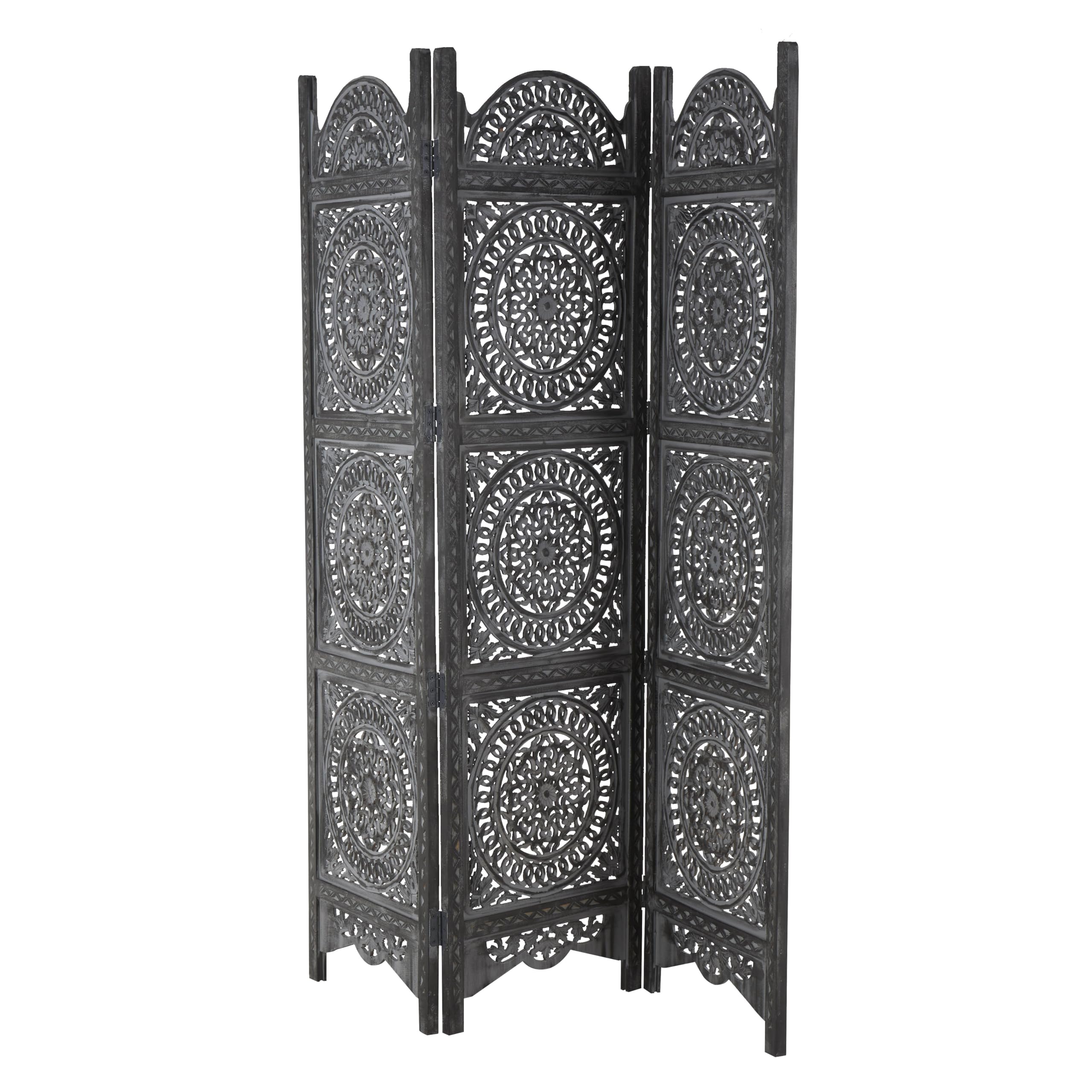 Handmade Wooden Floral Room Divider Screen - 3-Panel Foldable Privacy Partition with Intricate Carvings, 60