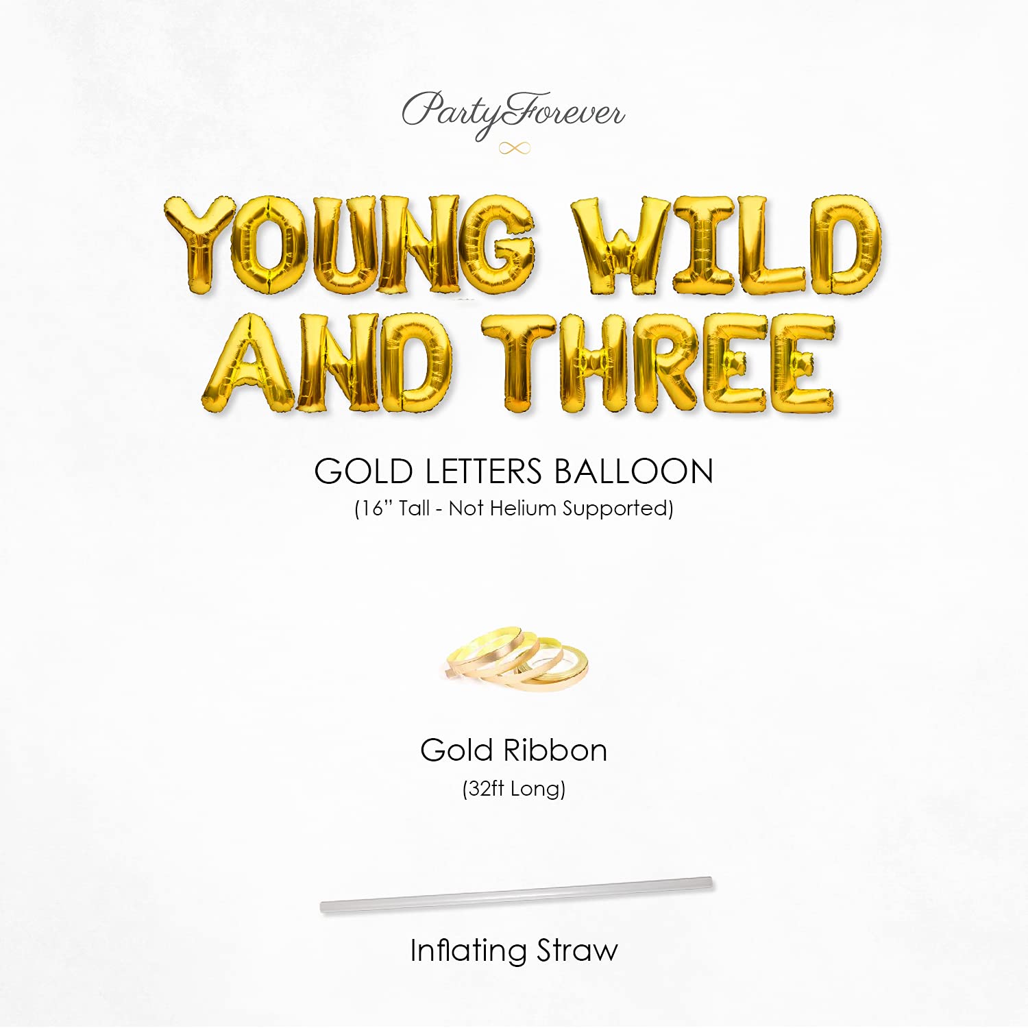 Gold Themed 3rd Birthday Party Decorations - Young Wild & Three Balloon Banner for Birthday Celebrations, Baby Showers & Special Events