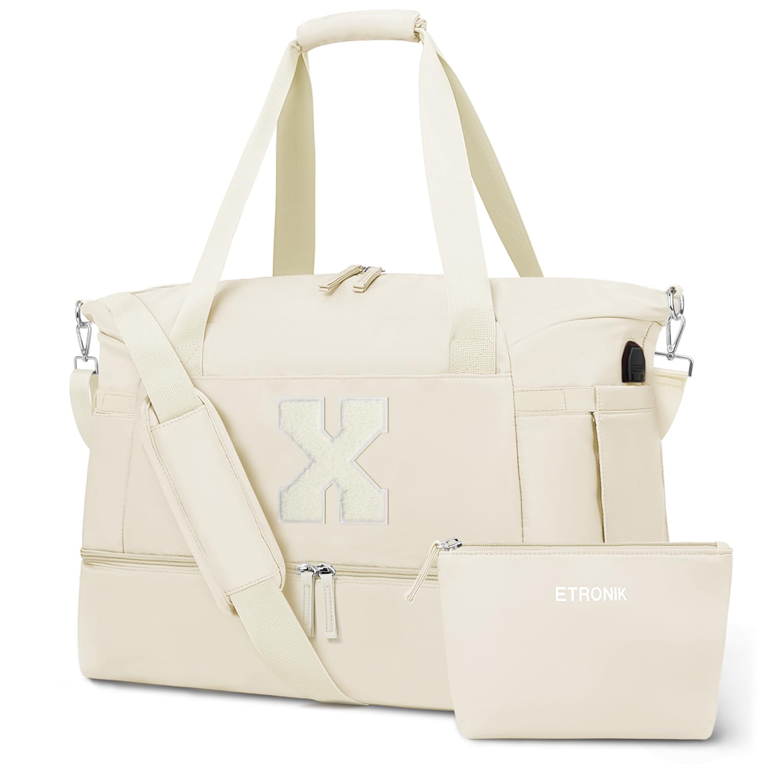 ETRONIK Personalized Initial Gym Bag - Durable Travel Duffel Bag with USB Charging Port, Wet Pocket & Shoe Compartment - Perfect Weekender Overnight Bag for Women, Mom, Teachers - Great Gift Idea for Fitness, Travel & Work (Letter X) - Ideal for Gym, Yoga, Weekend Trips & Business Travel