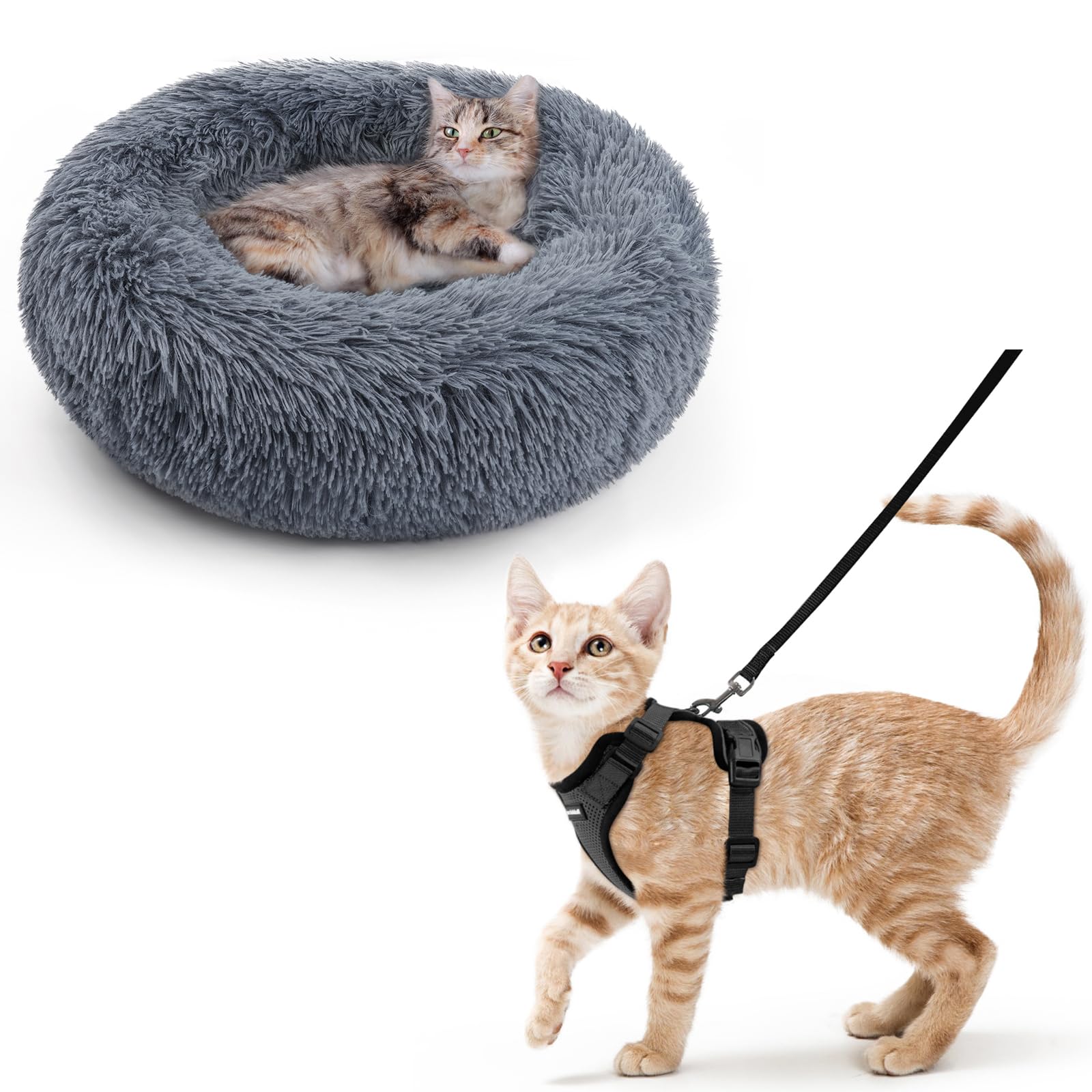 Rabbitgoo Cat Bed Dark Grey 20 Inch & Cat Harness Leash Set Black XS - Cozy Pet Bed & Secure Outdoor Walking for Small Cats