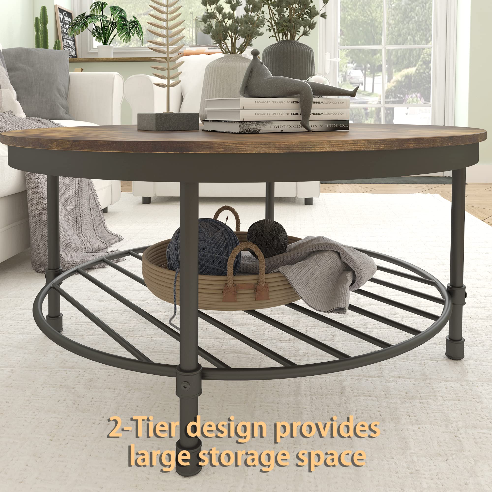 2-Tier Round Coffee Table with Wooden Top & Metal Frame - Industrial Rustic Living Room Accent Table with Storage Shelf - Retro Brown Finish for Home Decor & Small Space Organization